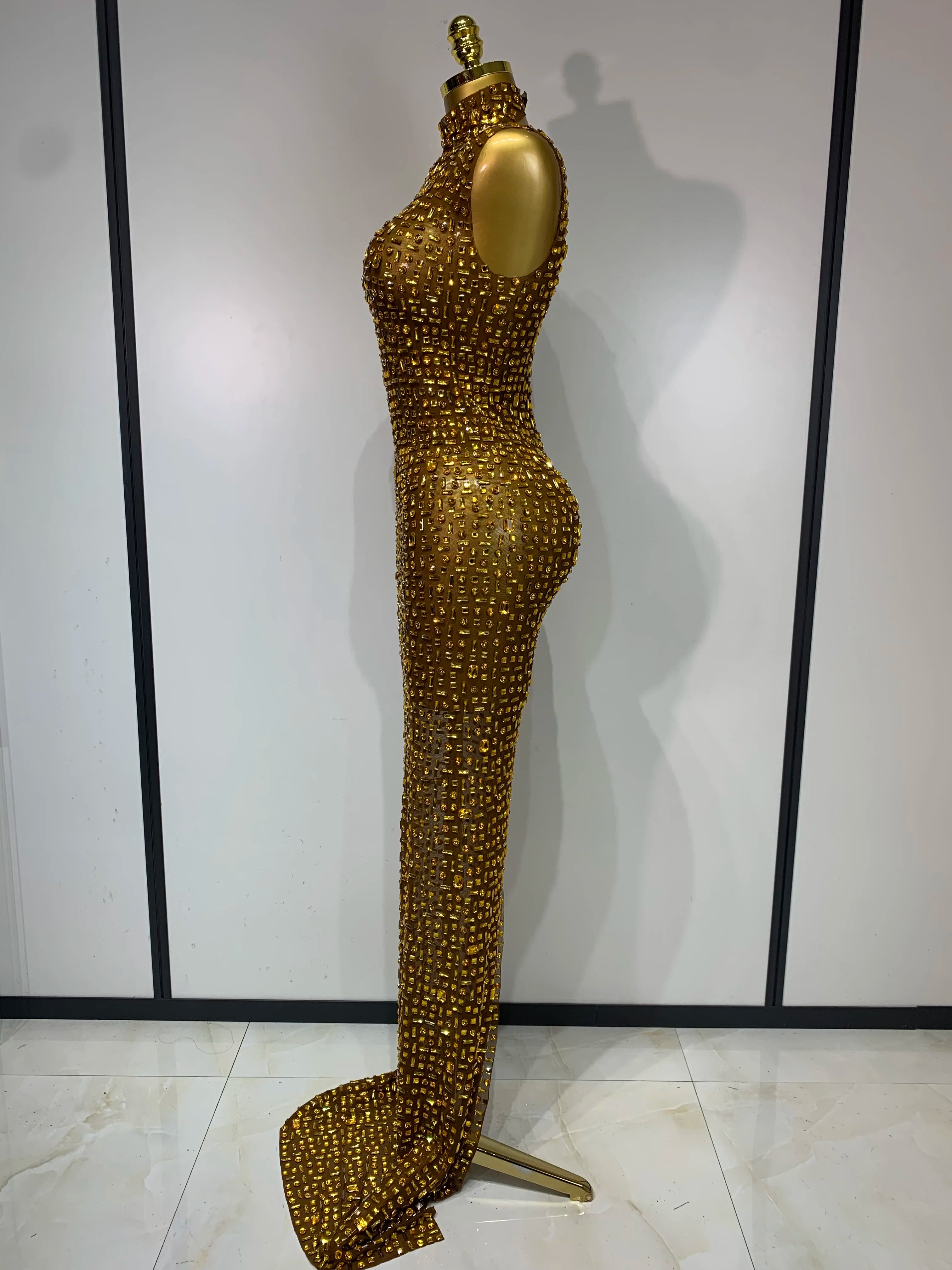 Sparkly Gold Rhinestone Sleeveless Mesh Long Dress
