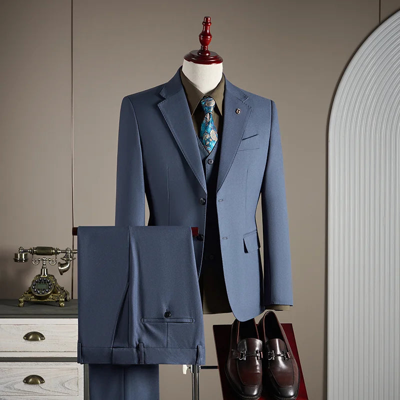 Men’s High-End Wool Blend Suit – British-Style 3-Piece Gray-Blue Wedding Suit