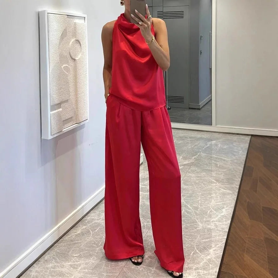 Elegant Sleeveless Satin Trousers Set