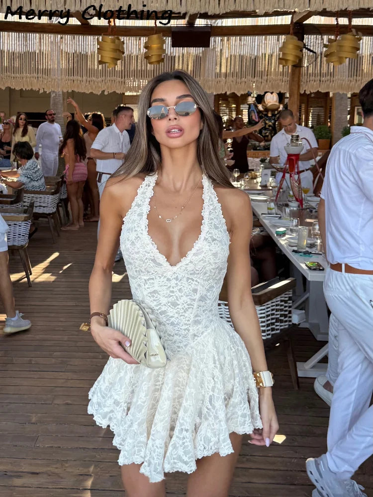 V-Neck Halter Lace Mini Dress