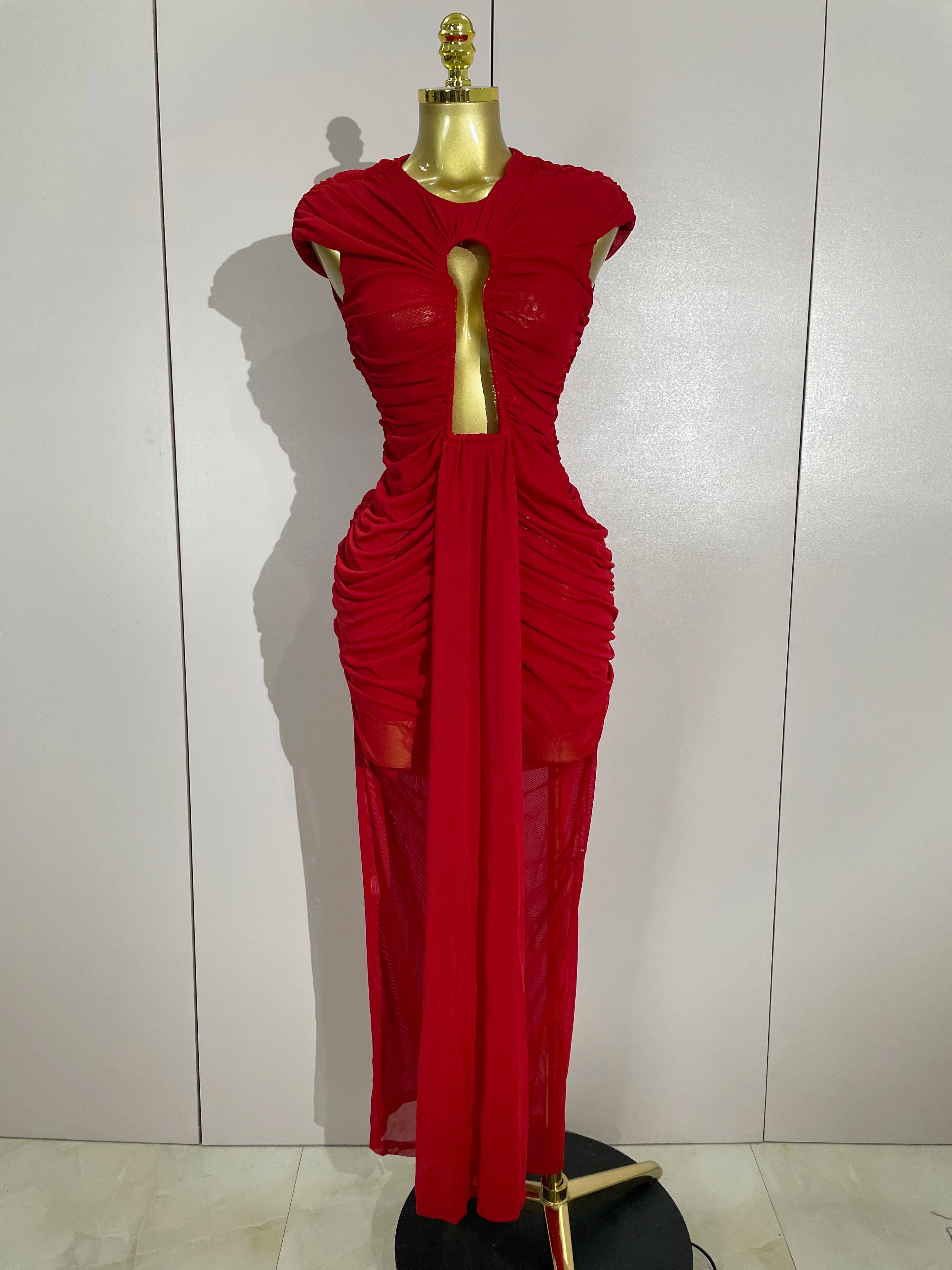 Sleeveless O-Neck Hollow-Out Mesh Bodycon Maxi Dress