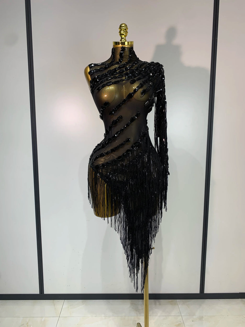 Sparkly One-Shoulder Rhinestone Tassel Mesh Dress