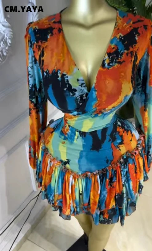 V-Neck Tie-Dye Ruffle Mini Dress
