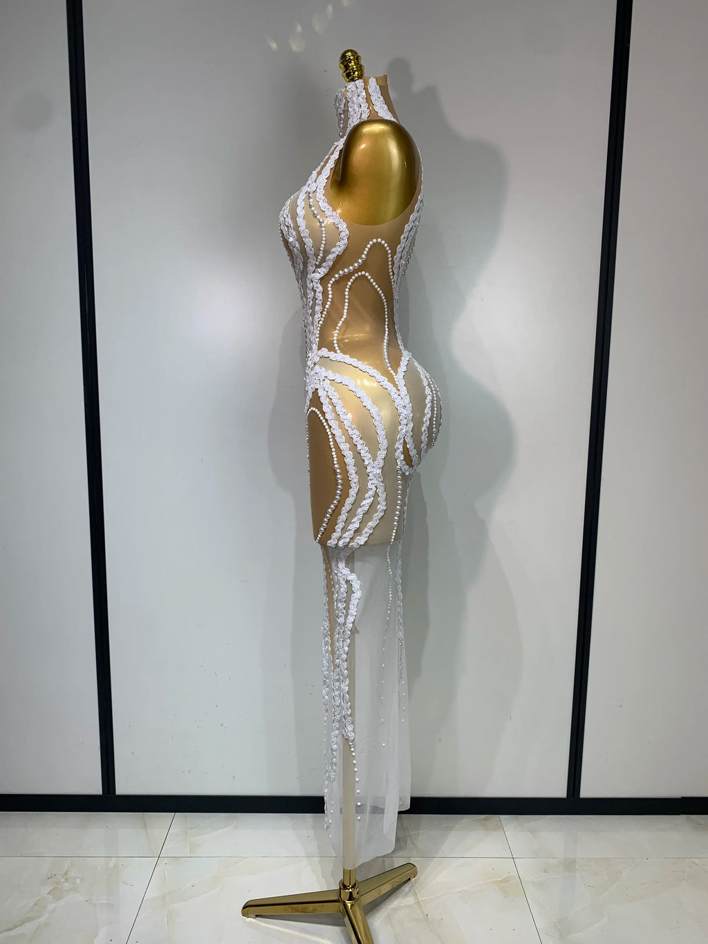 Luxury Pearl & Sequins Transparent Long Dress