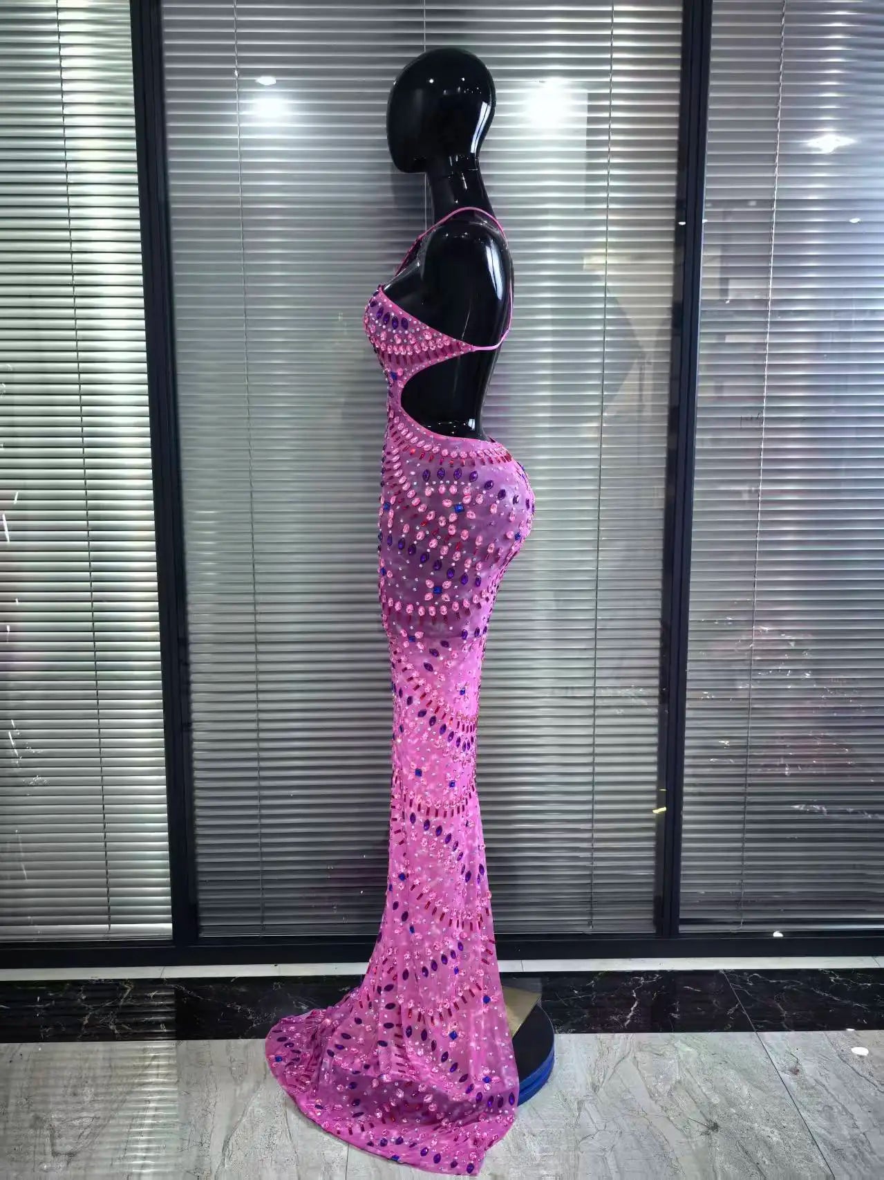 Pink Halter Backless Mesh Mermaid Dress