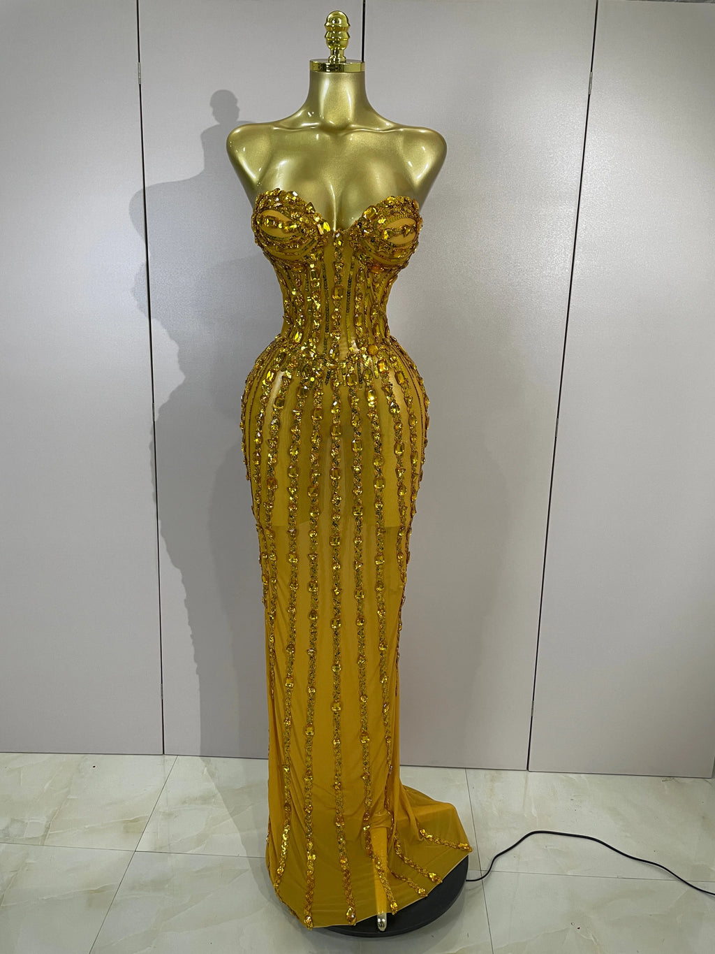 Elegant Gold Strapless Rhinestone Sheer Long Dress – Sexy Evening & Stagewear