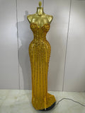 Elegant Gold Strapless Rhinestone Sheer Long Dress – Sexy Evening & Stagewear