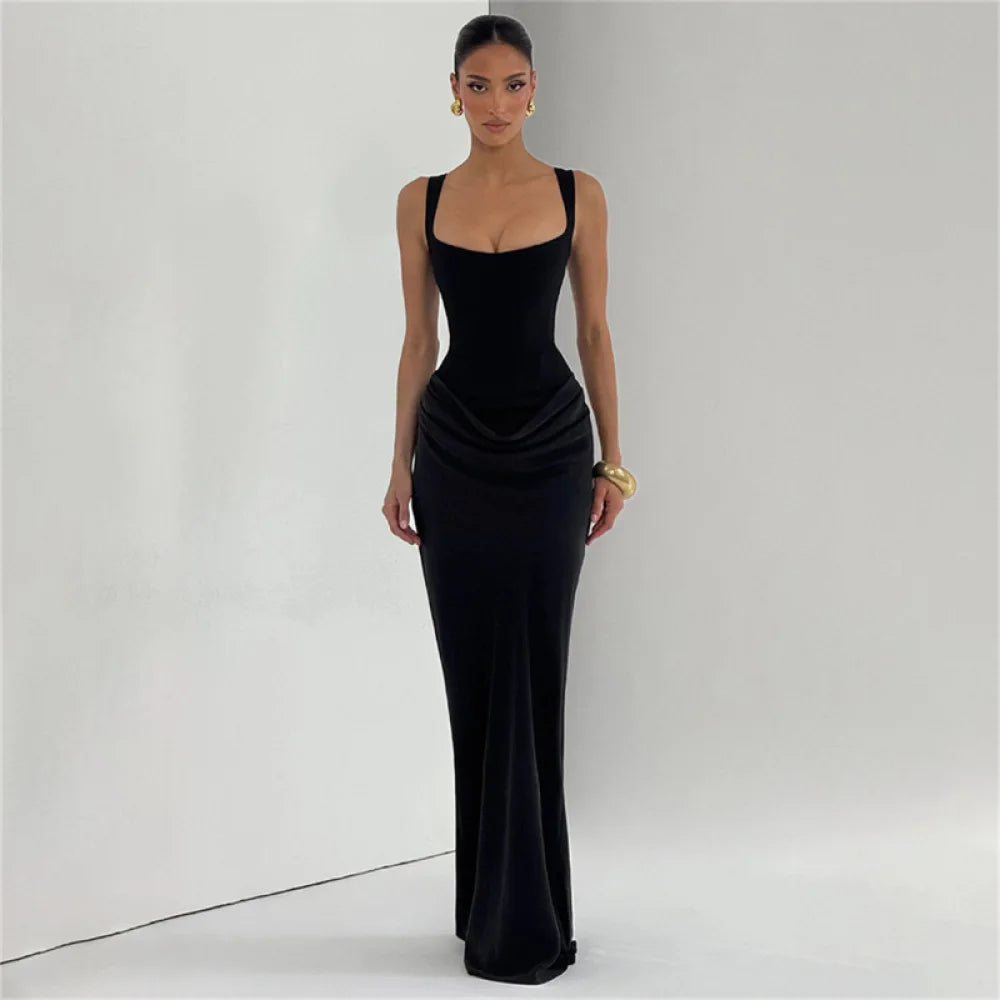 Square Neck Pleated Fishtail Maxi Dress