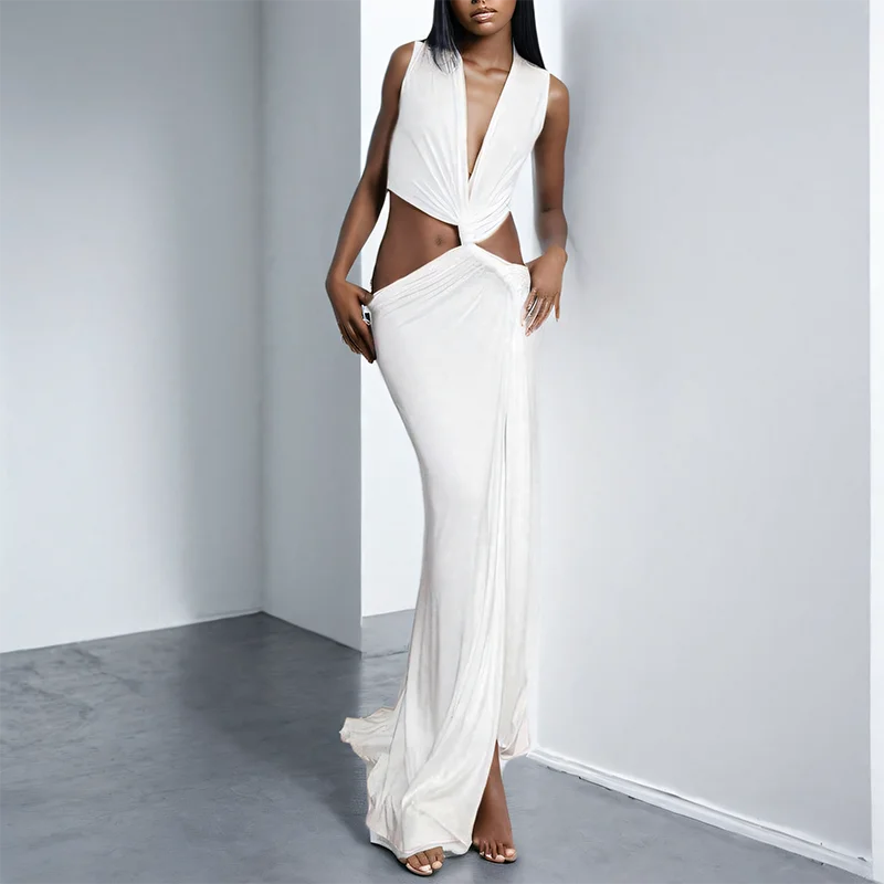 Hollow Out Split V-Neck Midi Dress