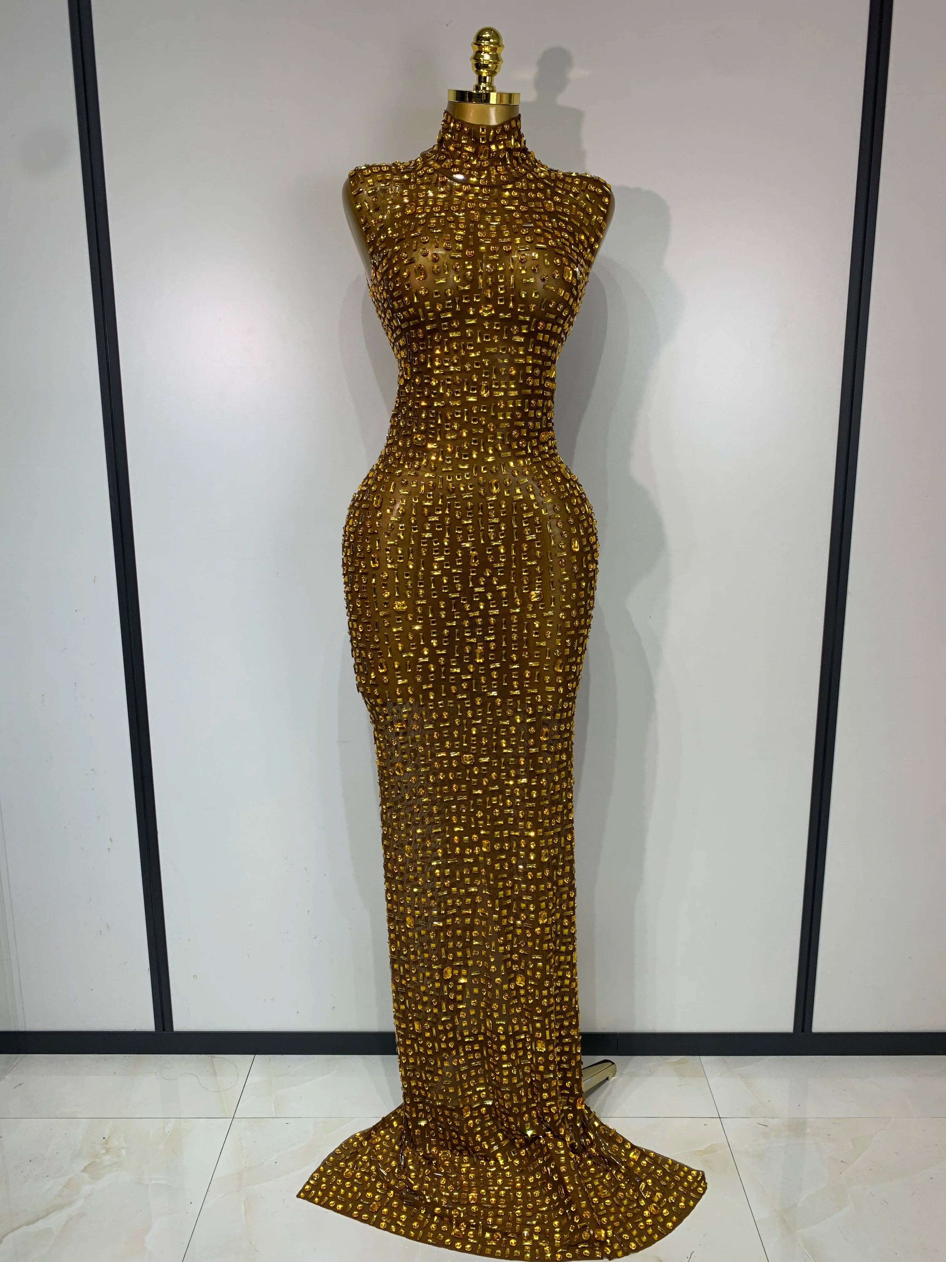 Sparkly Gold Rhinestone Sleeveless Mesh Long Dress