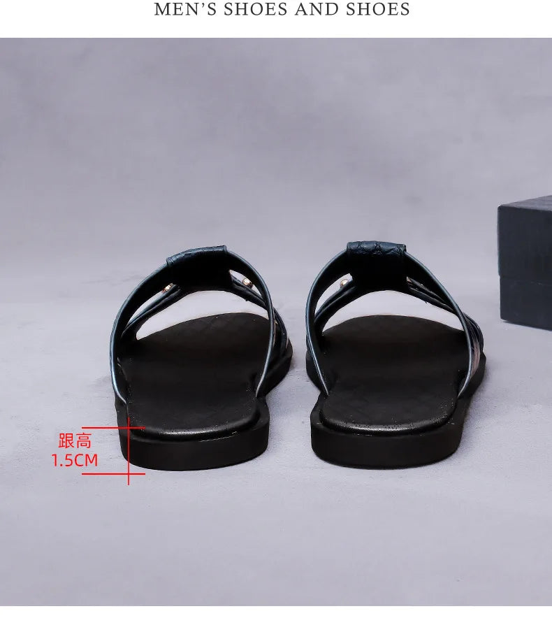 Premium Men’s Leather Slide Sandals – Croc Print