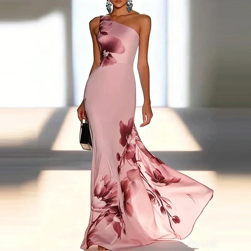 Floral Slash Collar Chiffon Evening Dress