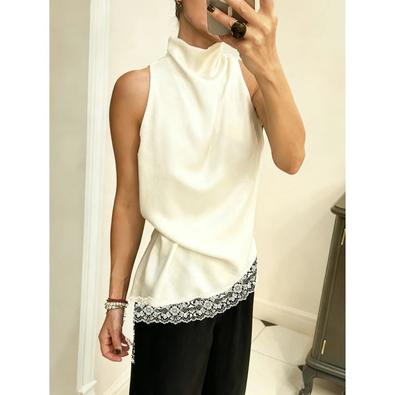 Lace Trim Satin High Low Vest Top