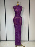 Sparkly Gold Rhinestone Sleeveless Mesh Long Dress