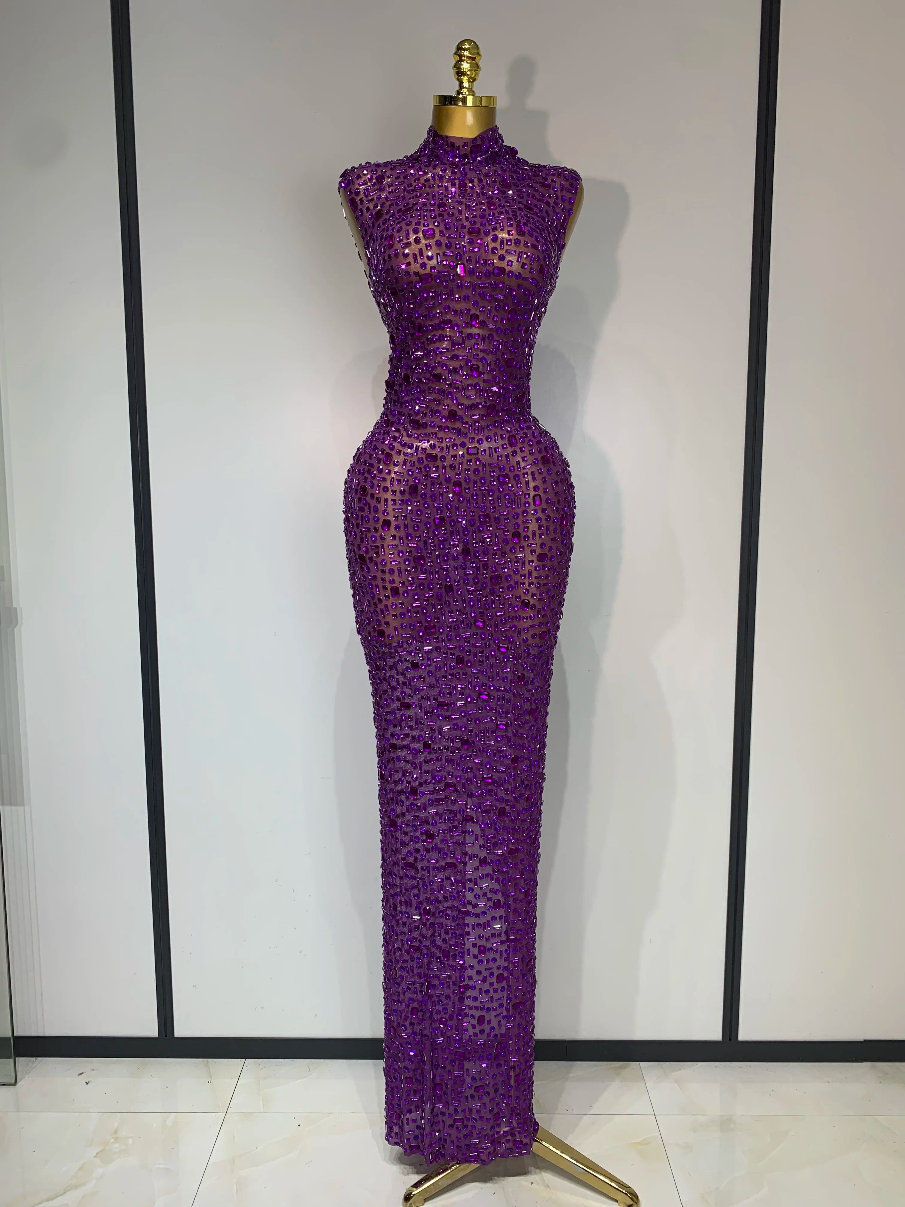 Sparkly Gold Rhinestone Sleeveless Mesh Long Dress