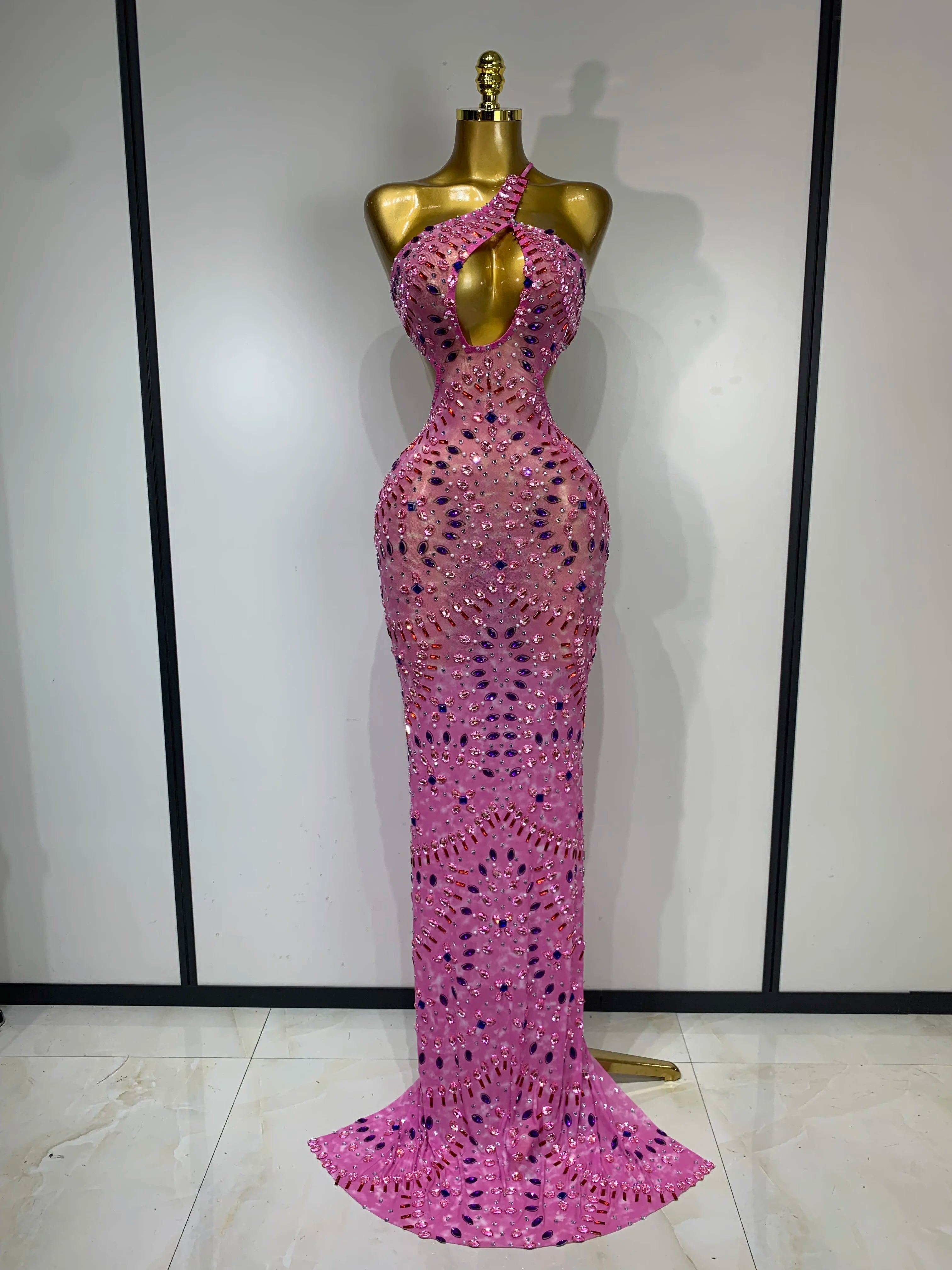 Sparkly Rhinestone Backless Bodycon Maxi Dress