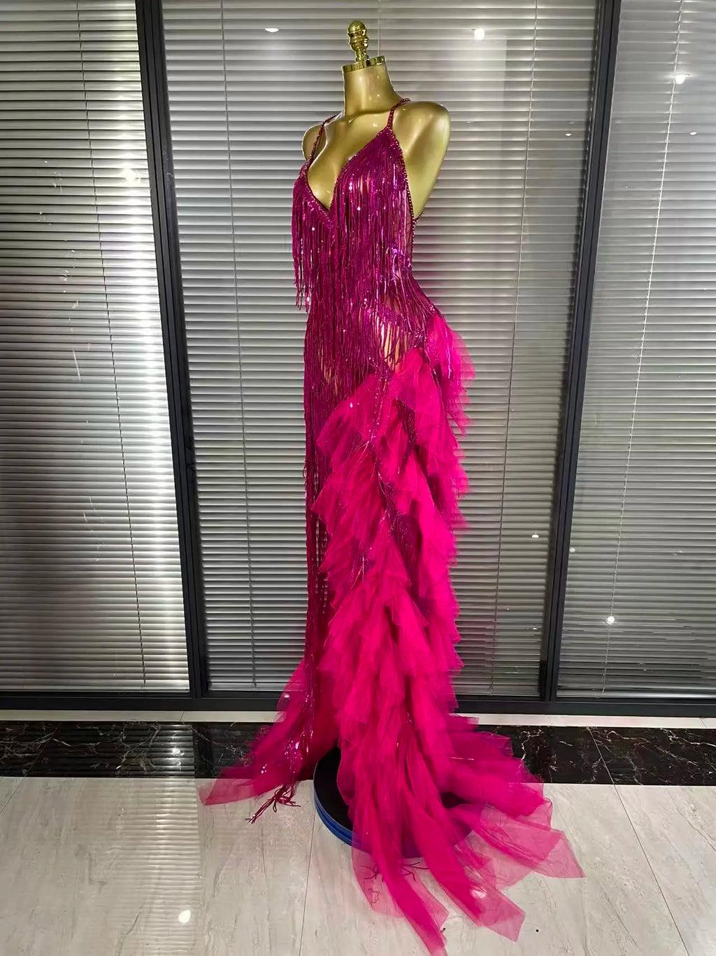 Sparkly Rhinestone Tassel Sheer V-Neck Dress – Sexy Party & Stagewear