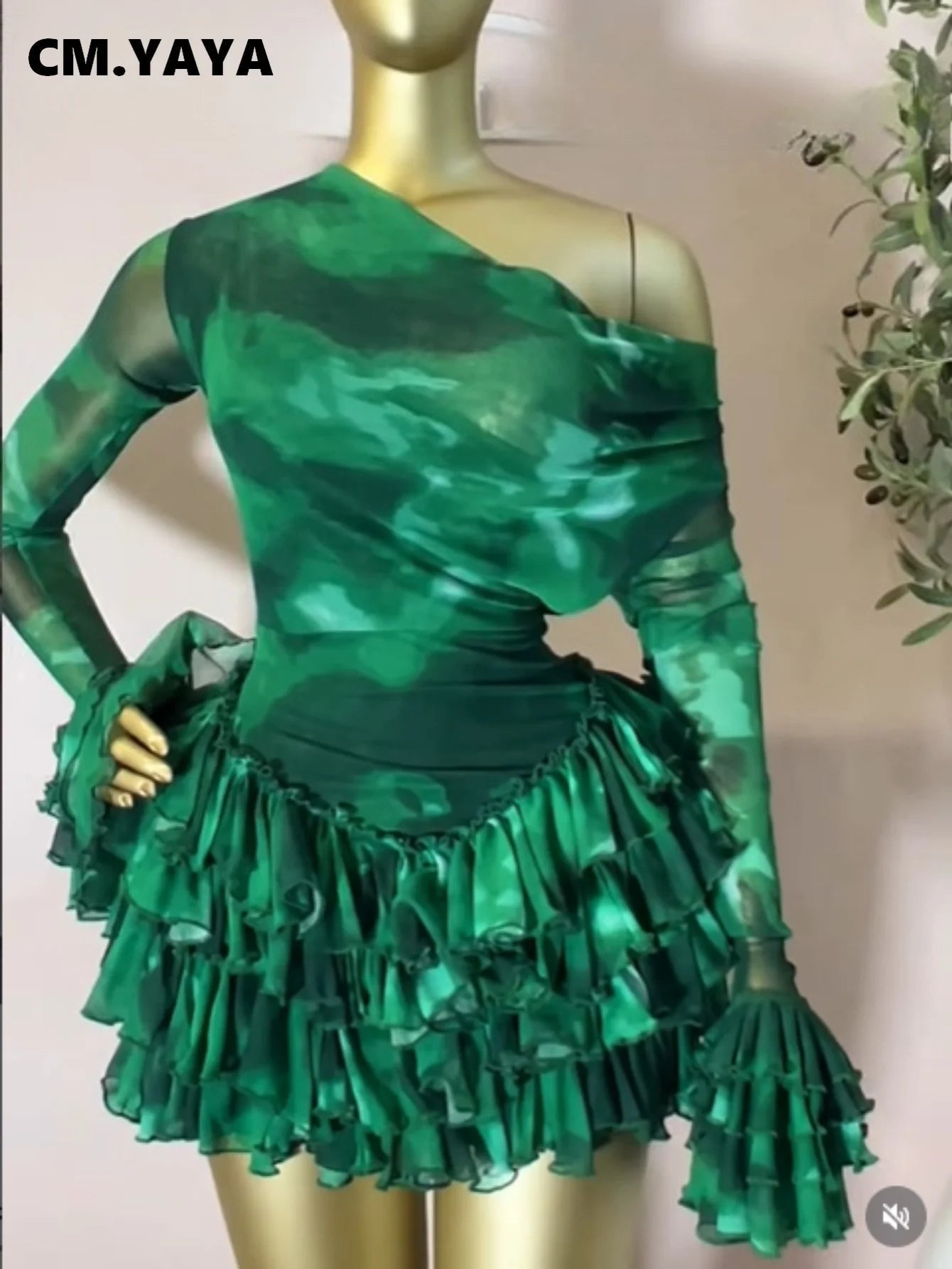 Tie-Dye Pile Neck Ruffle Mini Dress