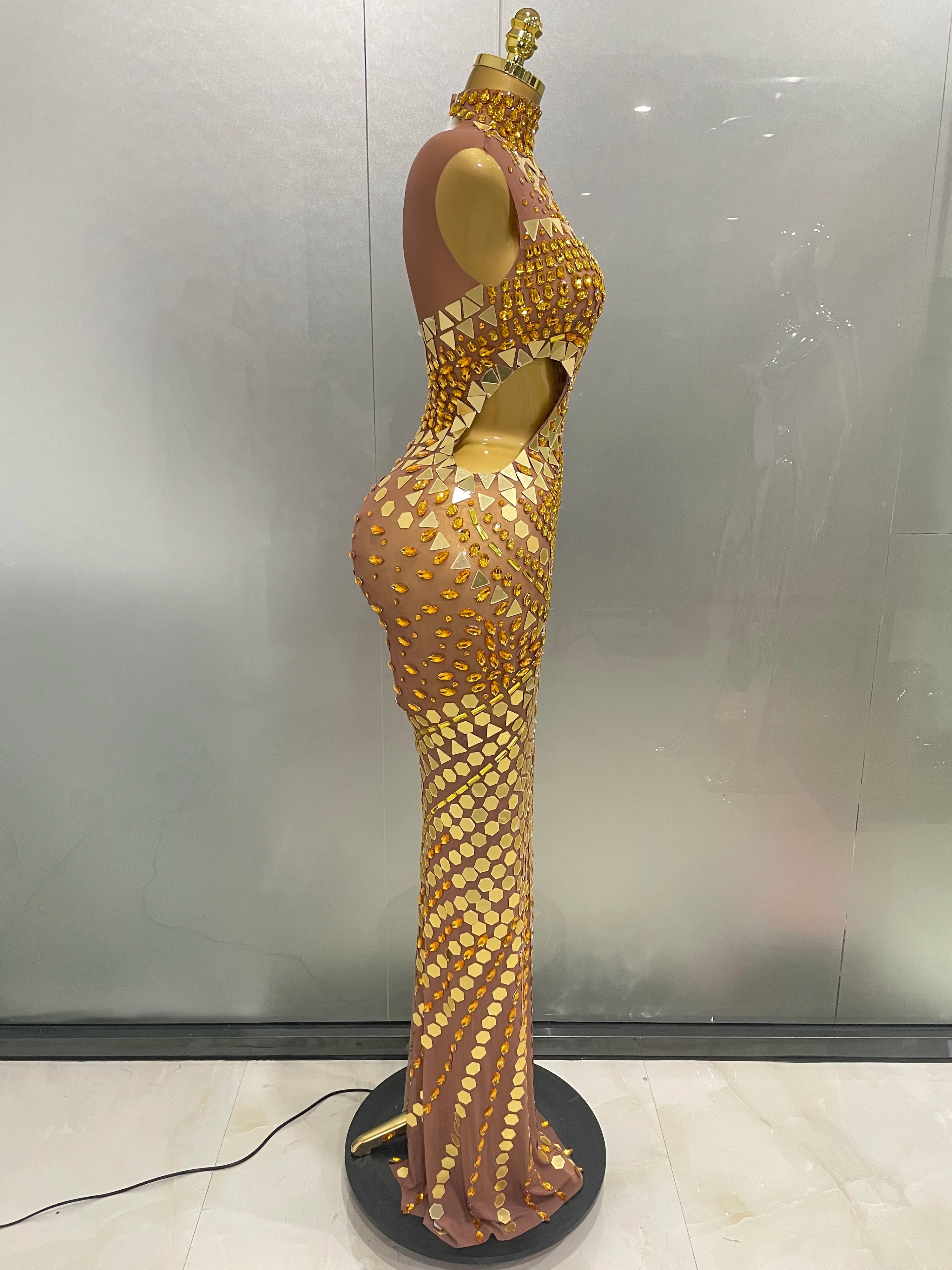 Luxury Rhinestone Mirror Hollow-Out Long Dress – Women’s Evening & Prom Gown