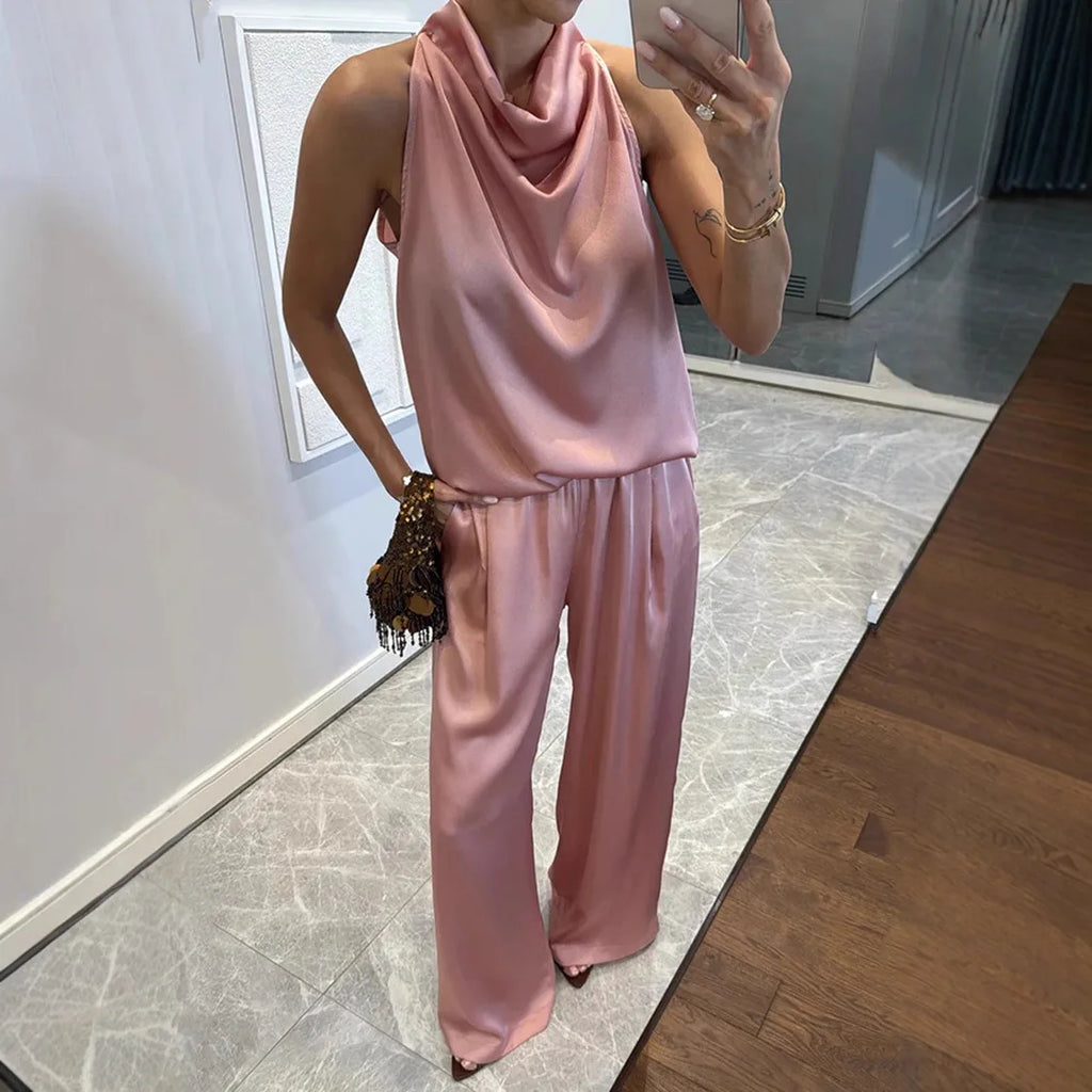 Elegant Sleeveless Satin Trousers Set