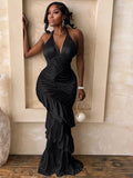 Halter V-Neck Ruched Mermaid Maxi Dress
