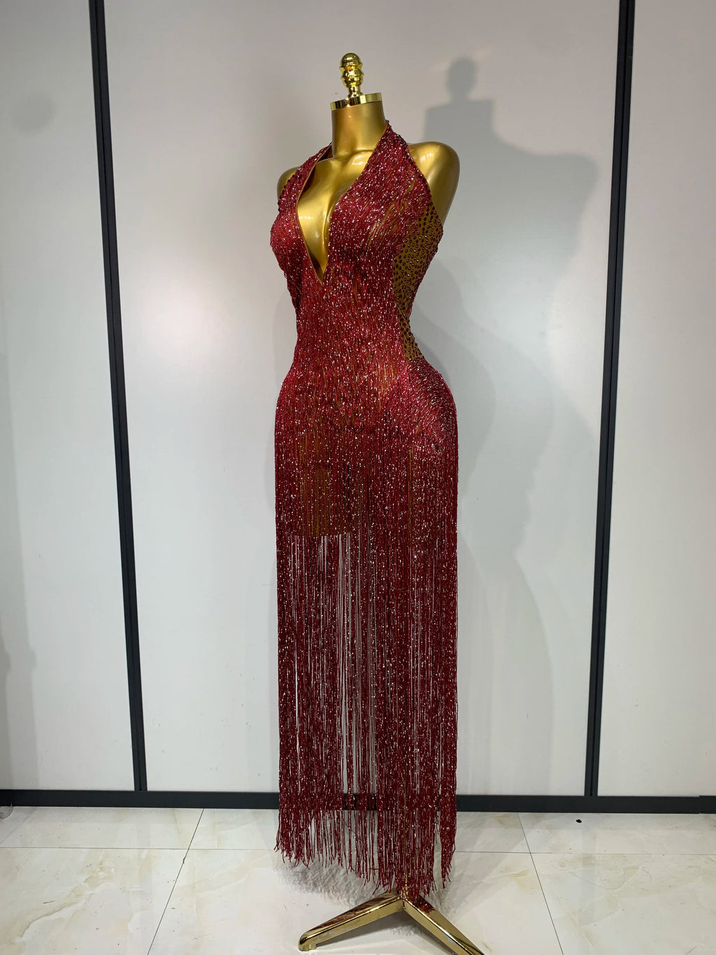 Sparkly Rhinestone Tassel Mesh Performance Bodysuit