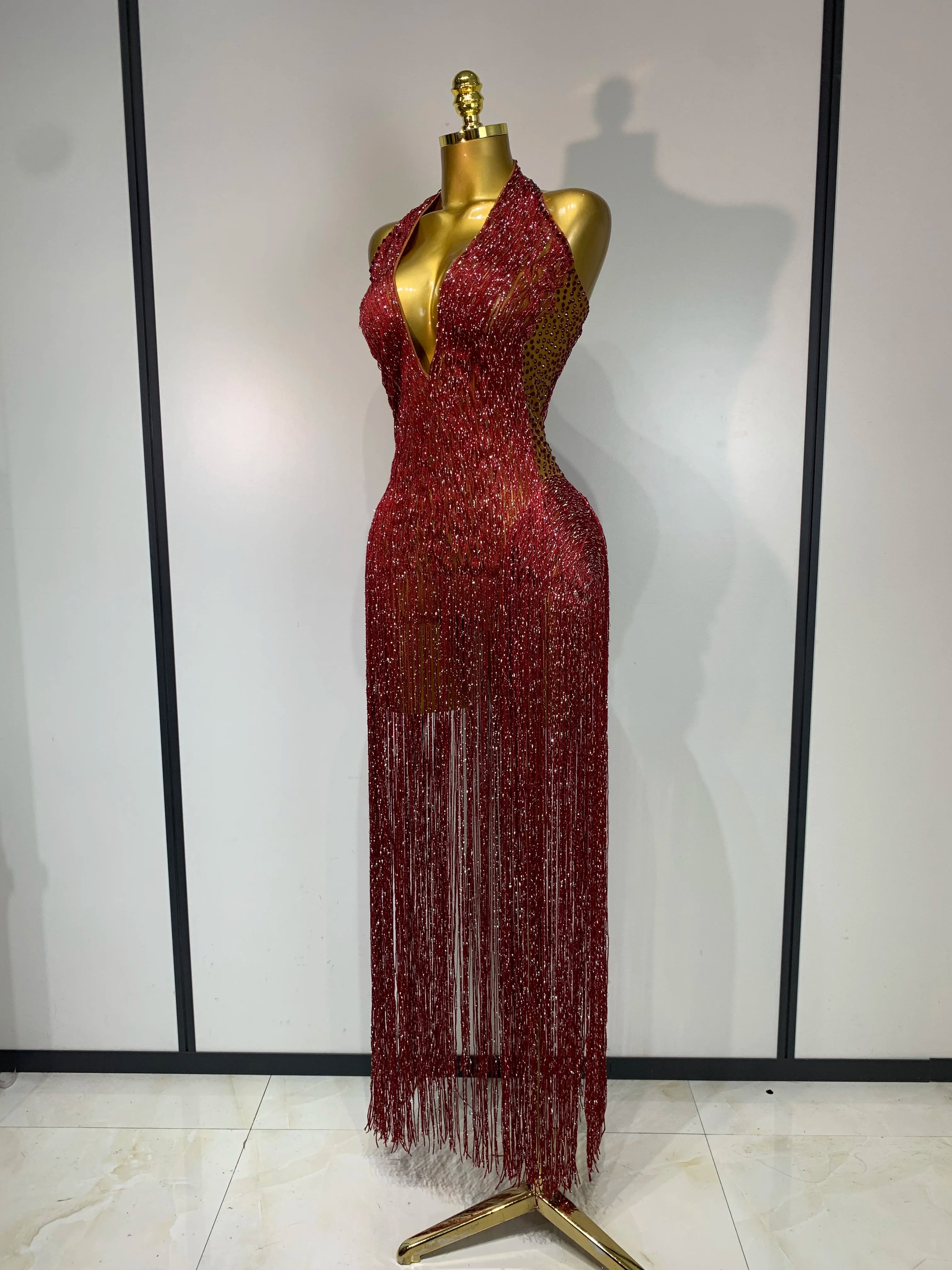 Sparkly Rhinestone Tassel Mesh Performance Bodysuit