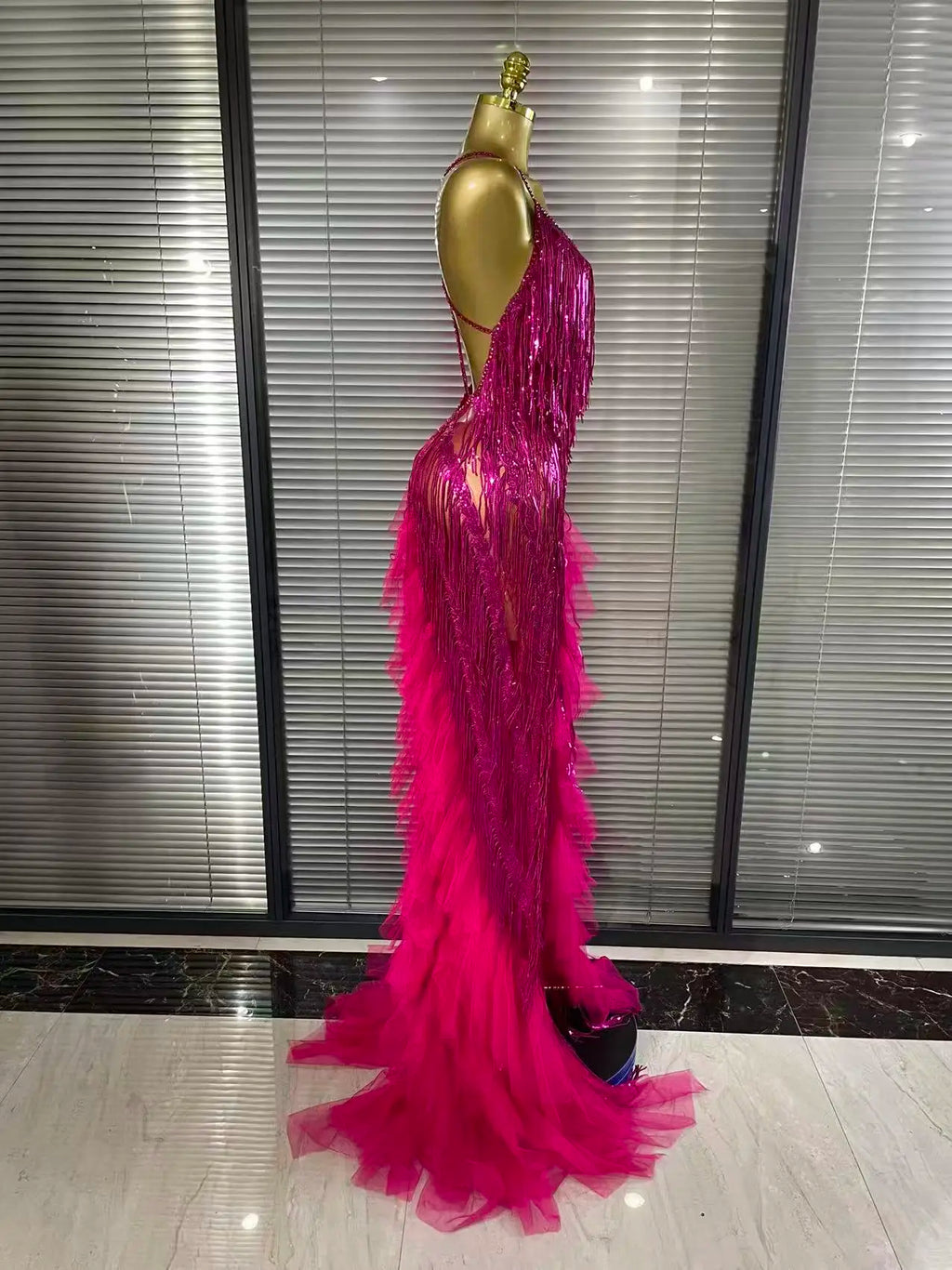 Sparkly Rhinestone Tassel Sheer V-Neck Dress – Sexy Party & Stagewear