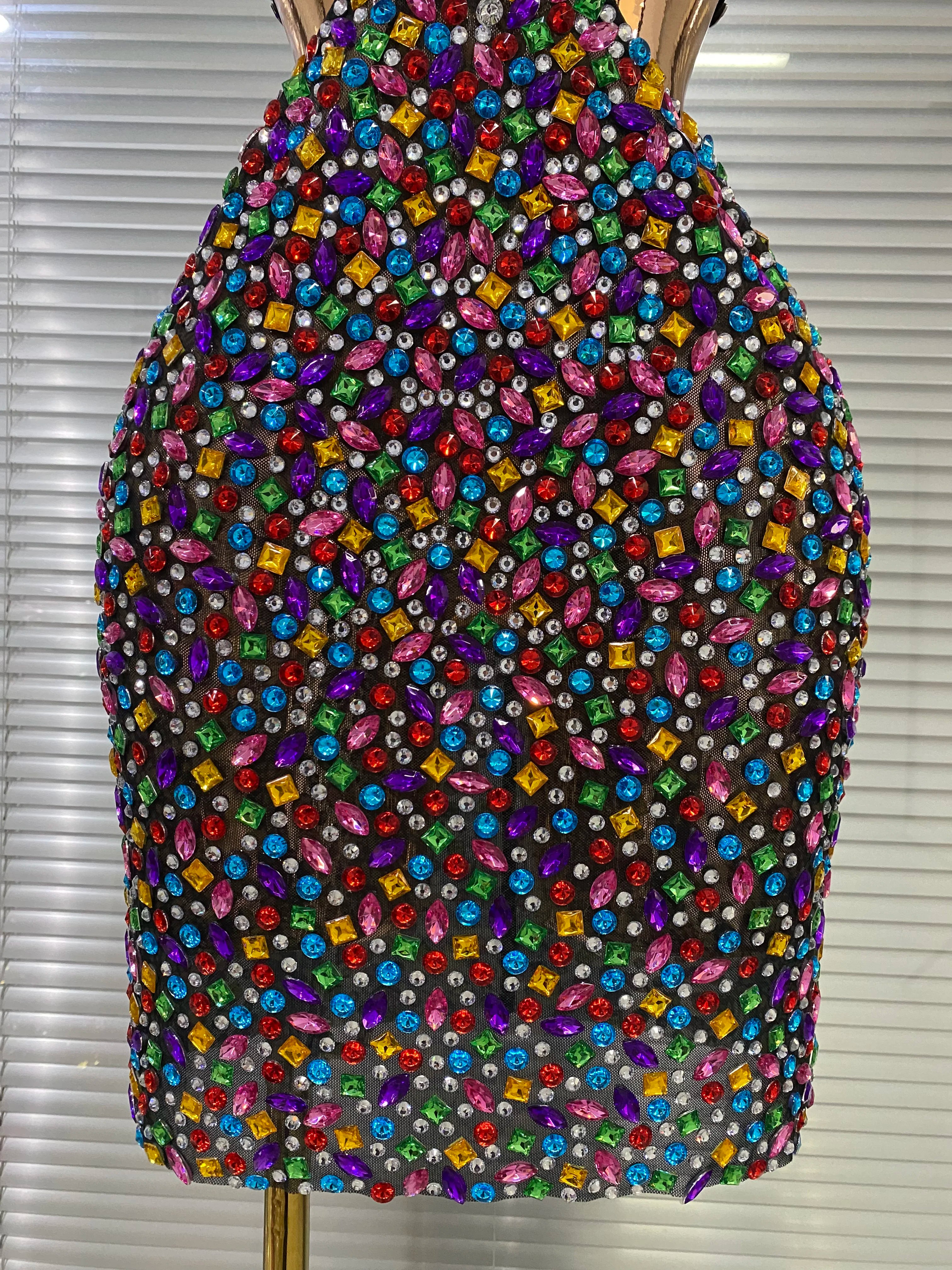 Colorful Rhinestone Cut-Out Backless Bodycon Mini Dress