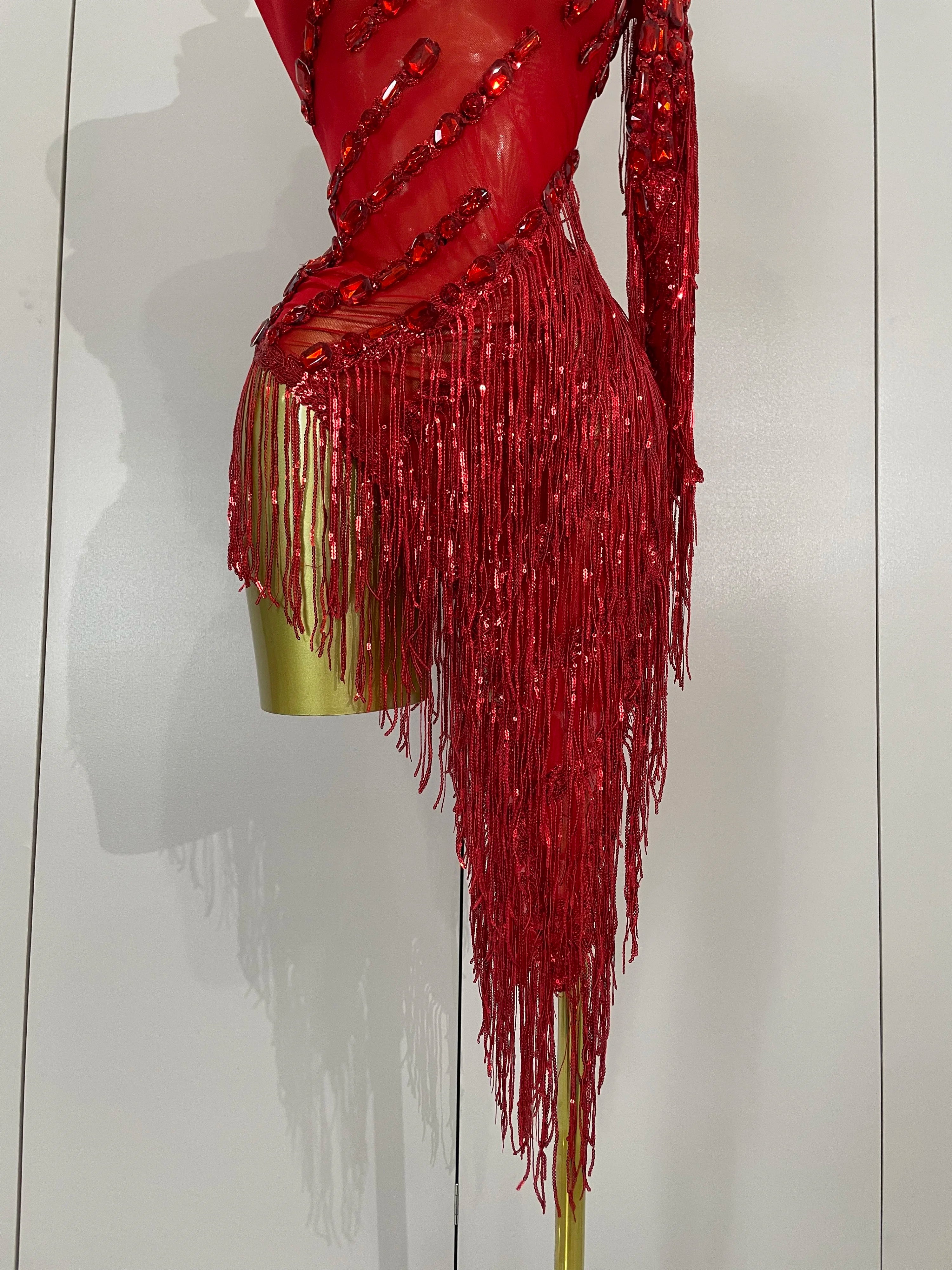 Sparkly One-Shoulder Rhinestone Tassel Latin Dress
