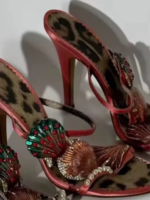 Leopard Pearl Shell Double Strap Sandals