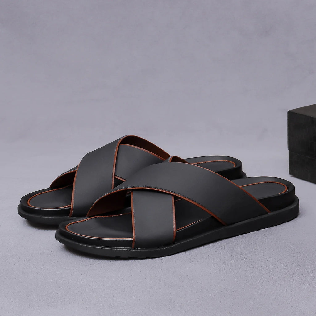 Premium Men’s Leather Cross Sandals – Casual Summer