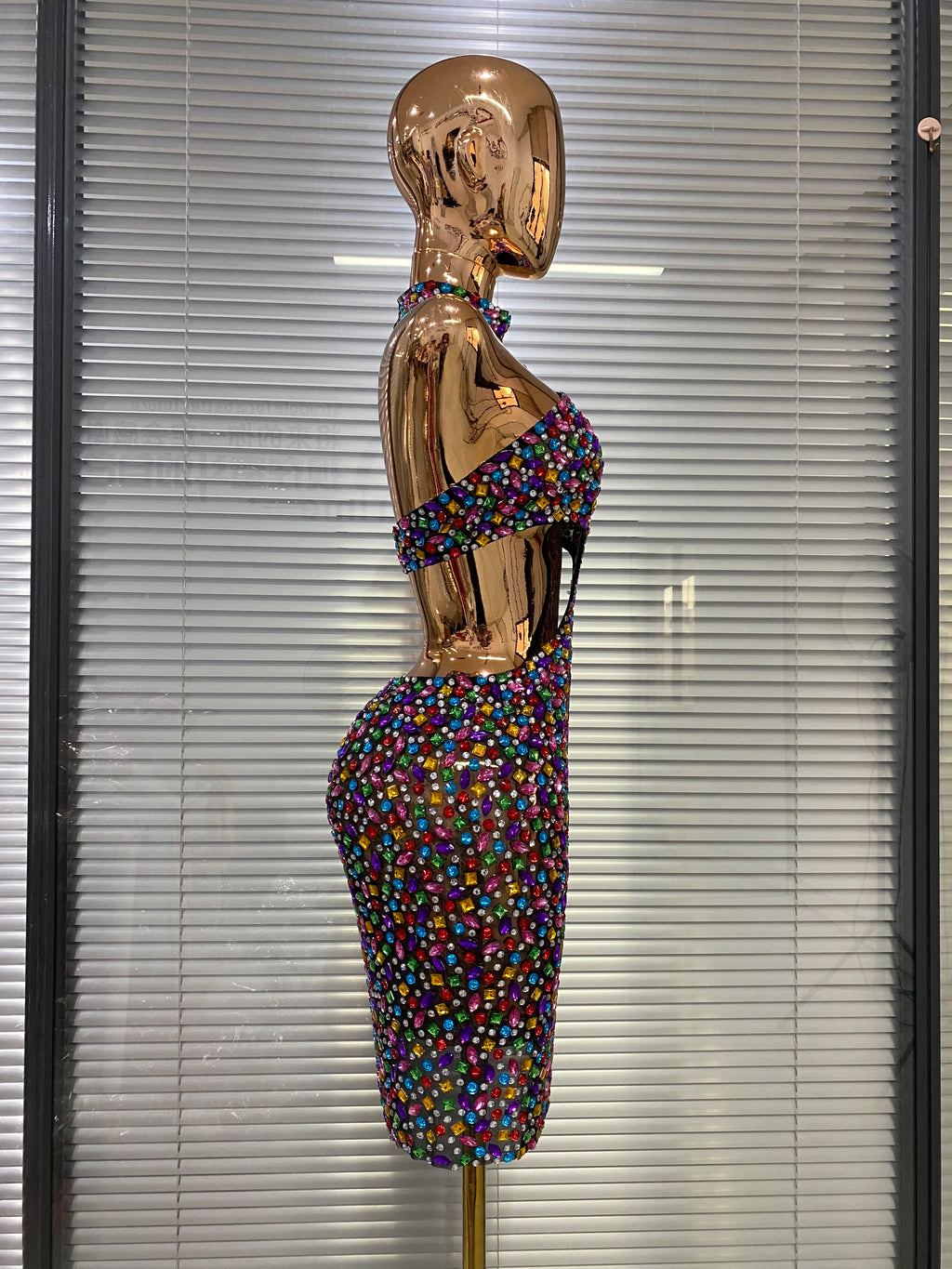 Colorful Rhinestone Cut-Out Backless Bodycon Mini Dress