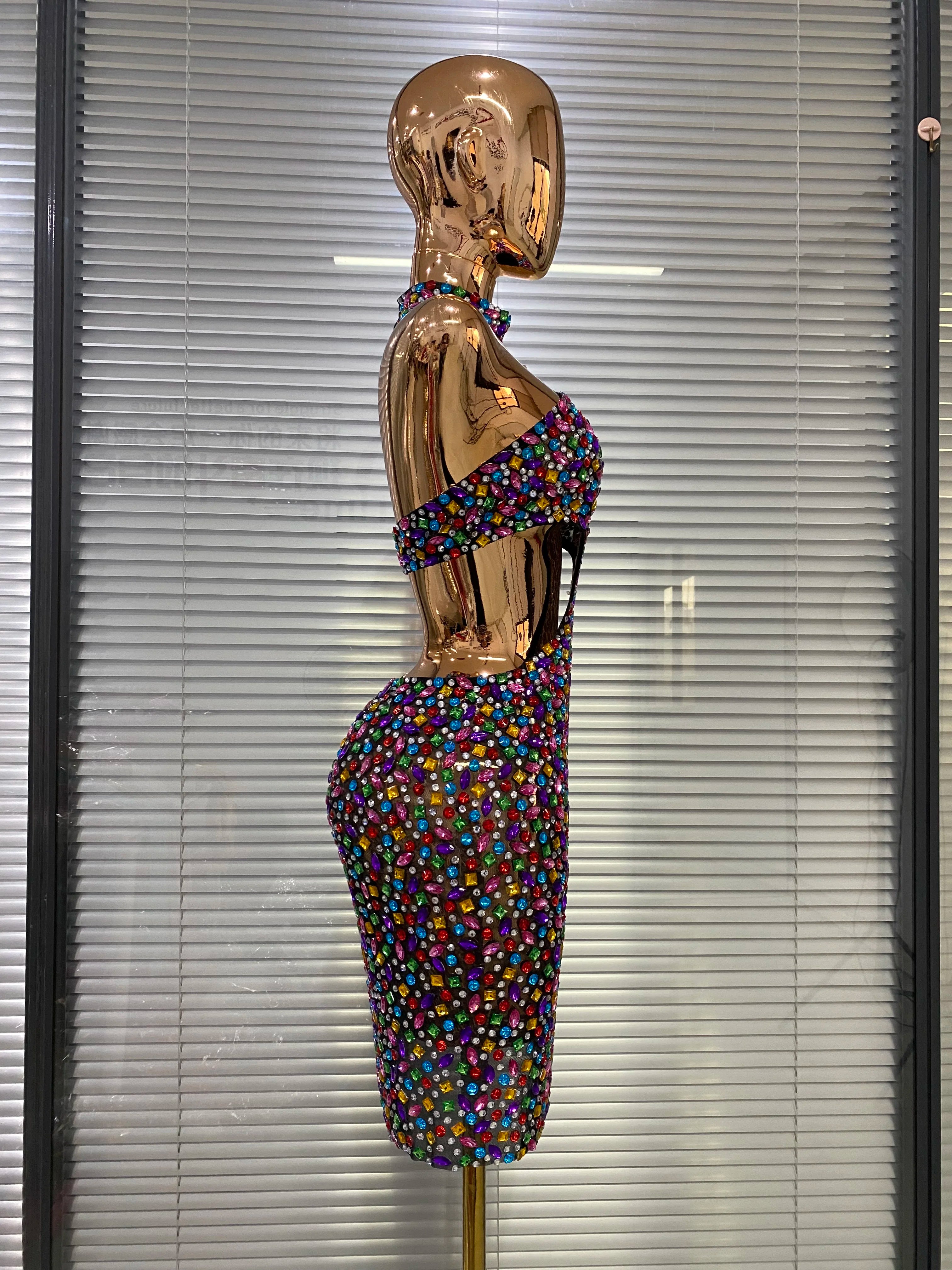 Colorful Rhinestone Cut-Out Backless Bodycon Mini Dress