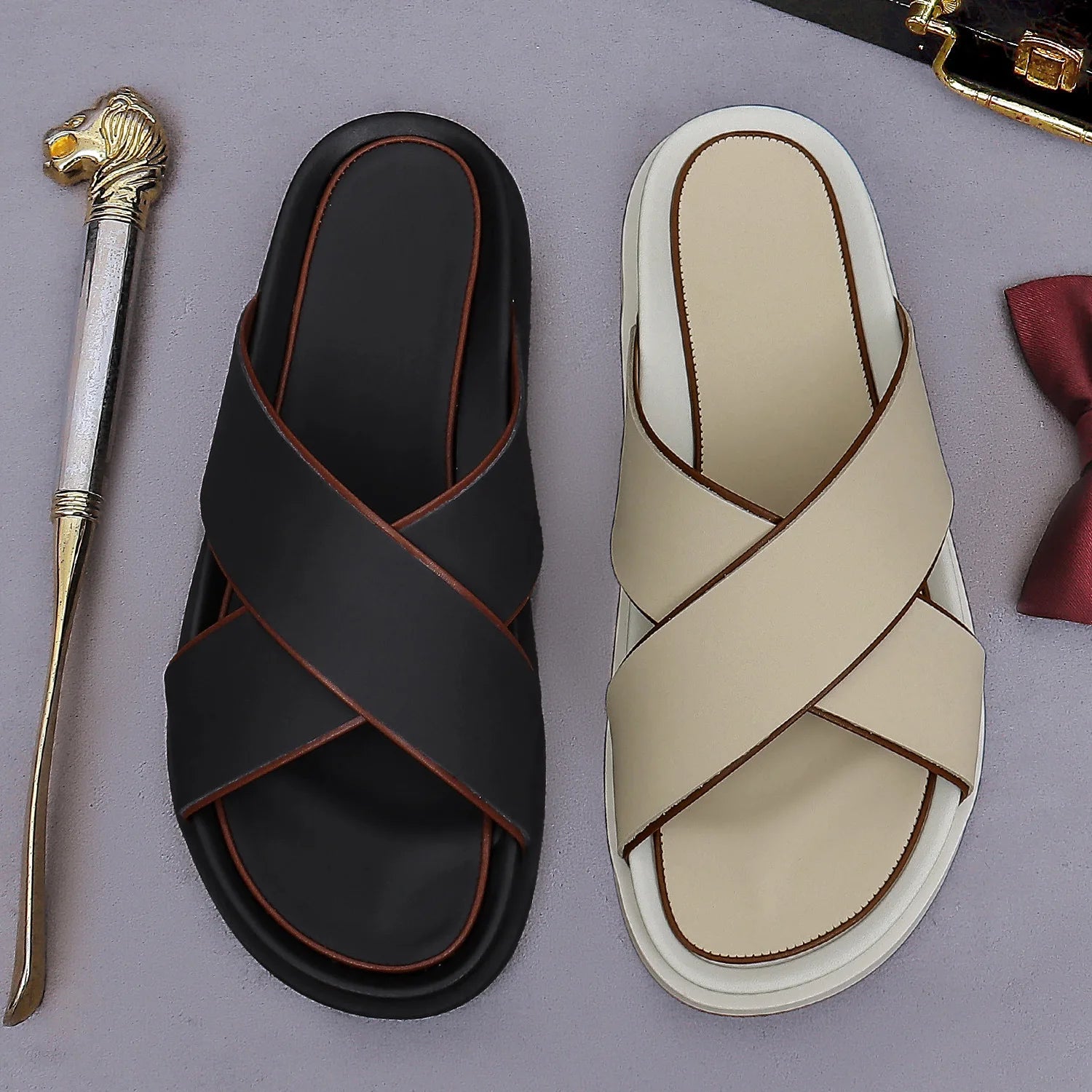 Premium Men’s Leather Cross Sandals – Casual Summer