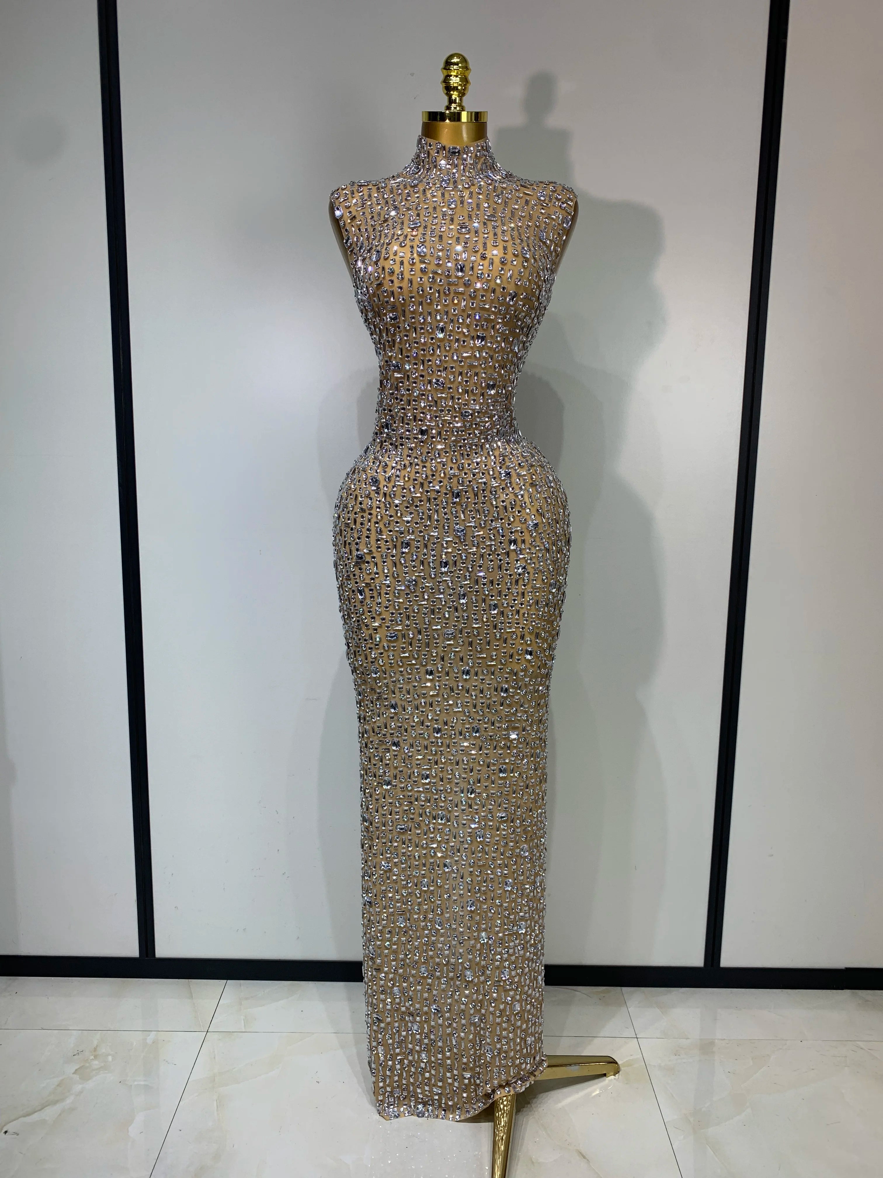 Sparkly Gold Rhinestone Sleeveless Mesh Long Dress