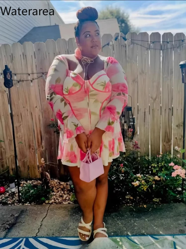 Floral Flare Sleeve Plunging V-Neck Dress