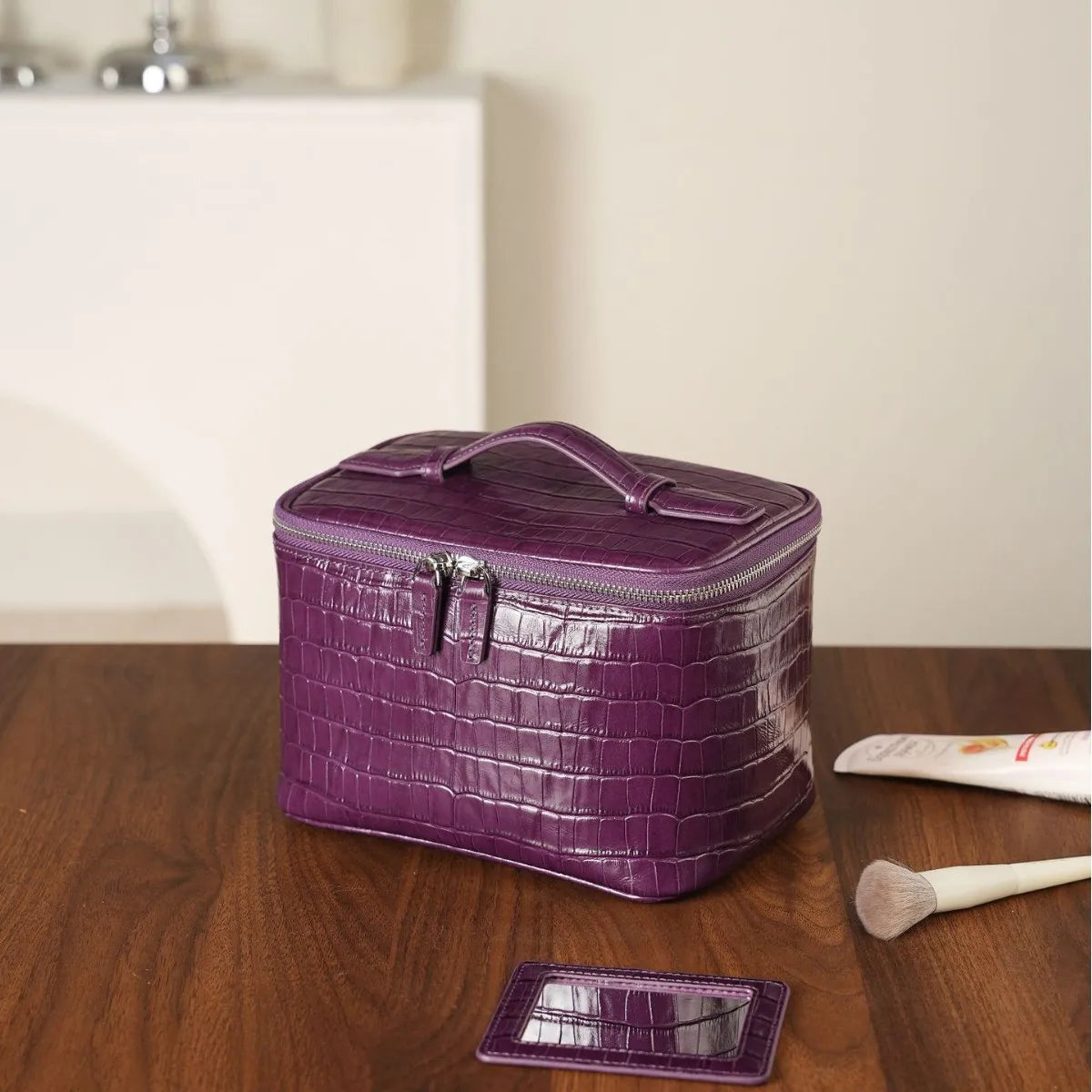 Portable Square Leather Vanity Bag