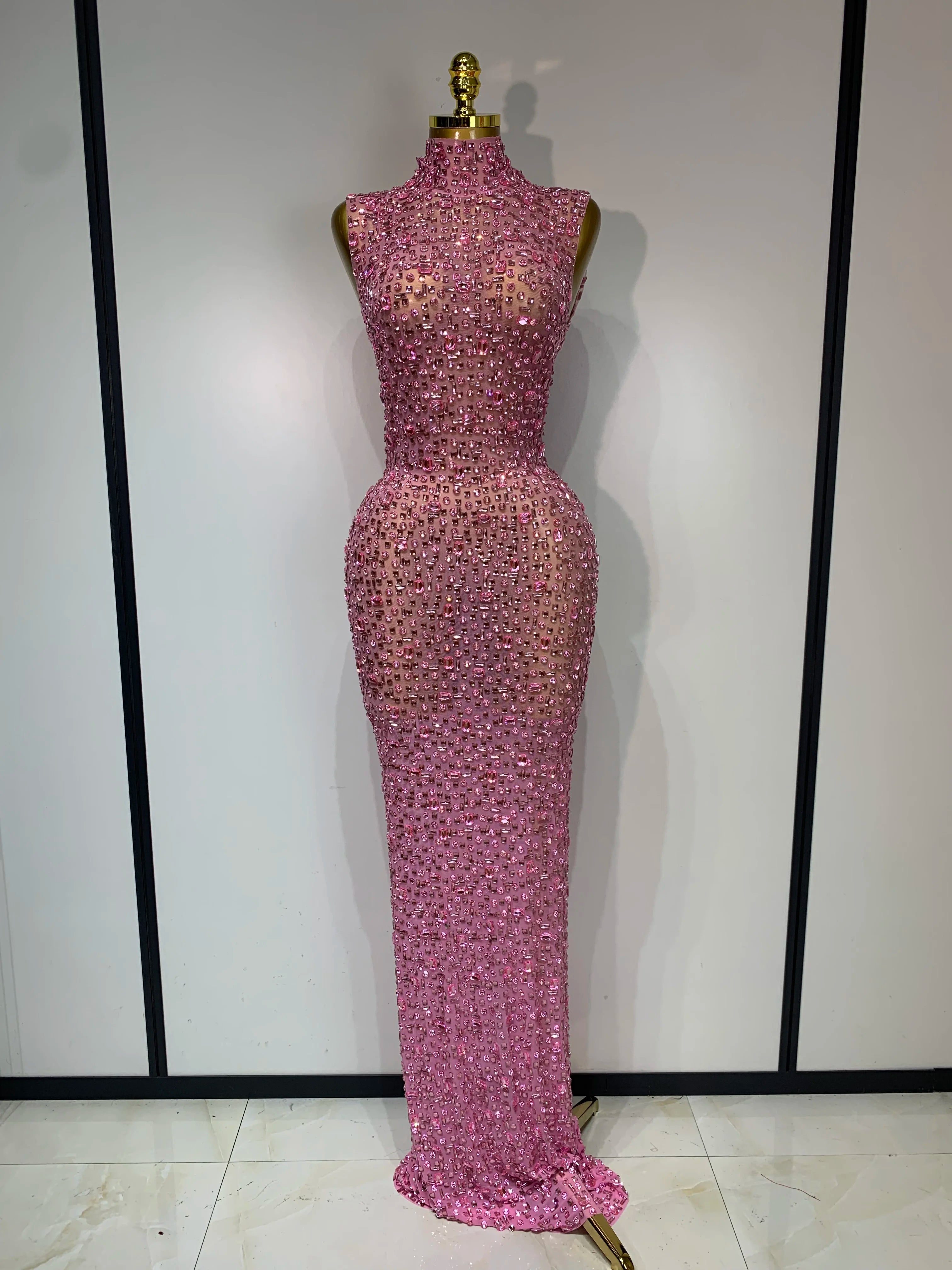 Sparkly Gold Rhinestone Sleeveless Mesh Long Dress