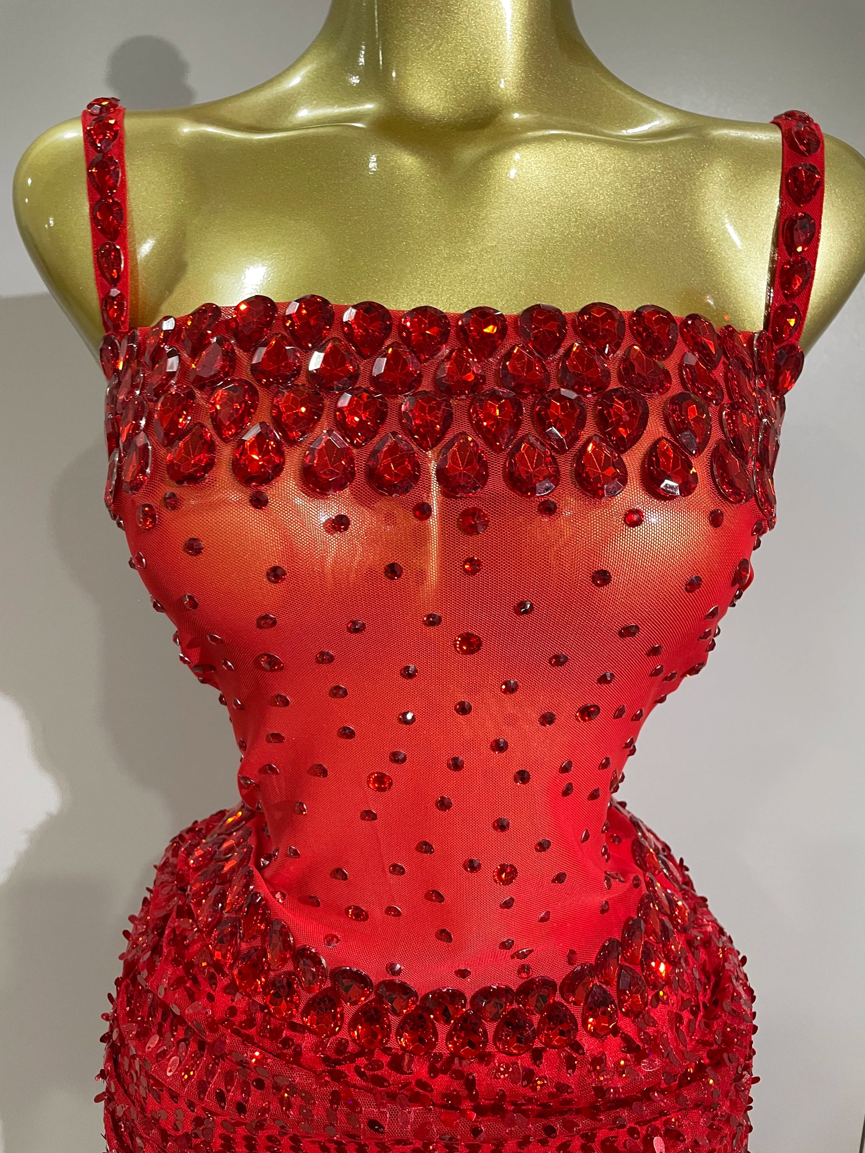 Sparkly Red Rhinestone & Sequin 2-Piece Sheer Long Dress – Women’s Party & Stagewear