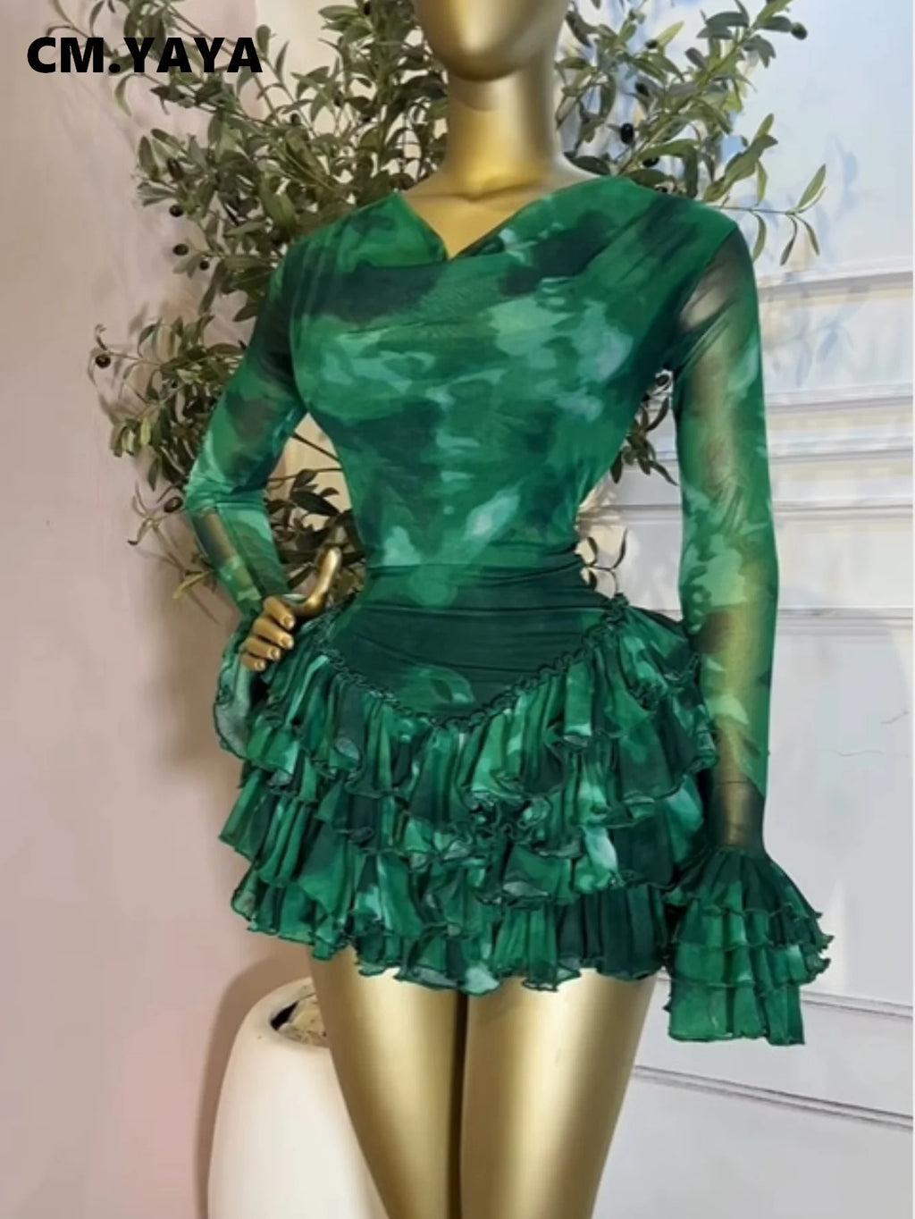 Tie-Dye Pile Neck Ruffle Mini Dress