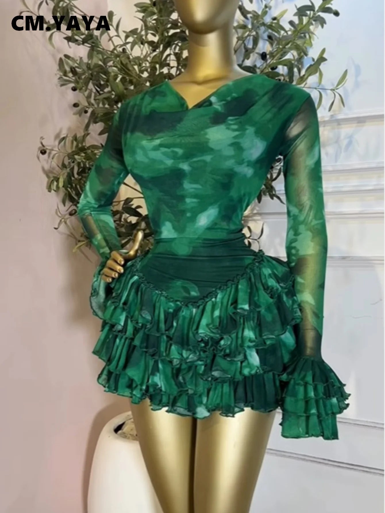 Tie-Dye Pile Neck Ruffle Mini Dress
