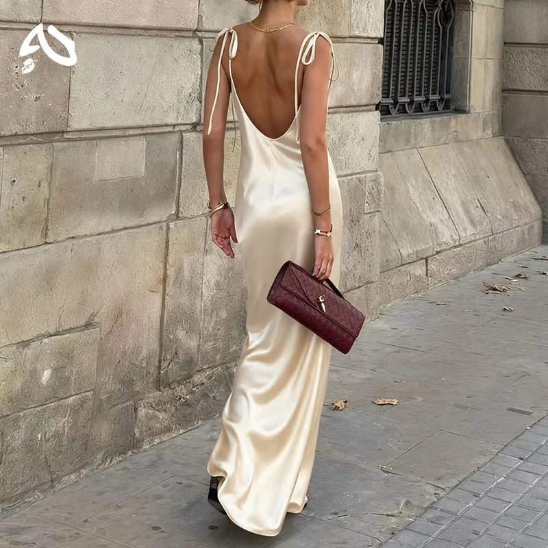 Champagne Satin Backless Evening Gown