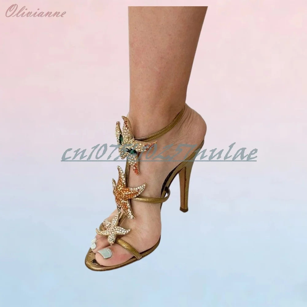 Green Crystal Starfish T-Strap Stilettos