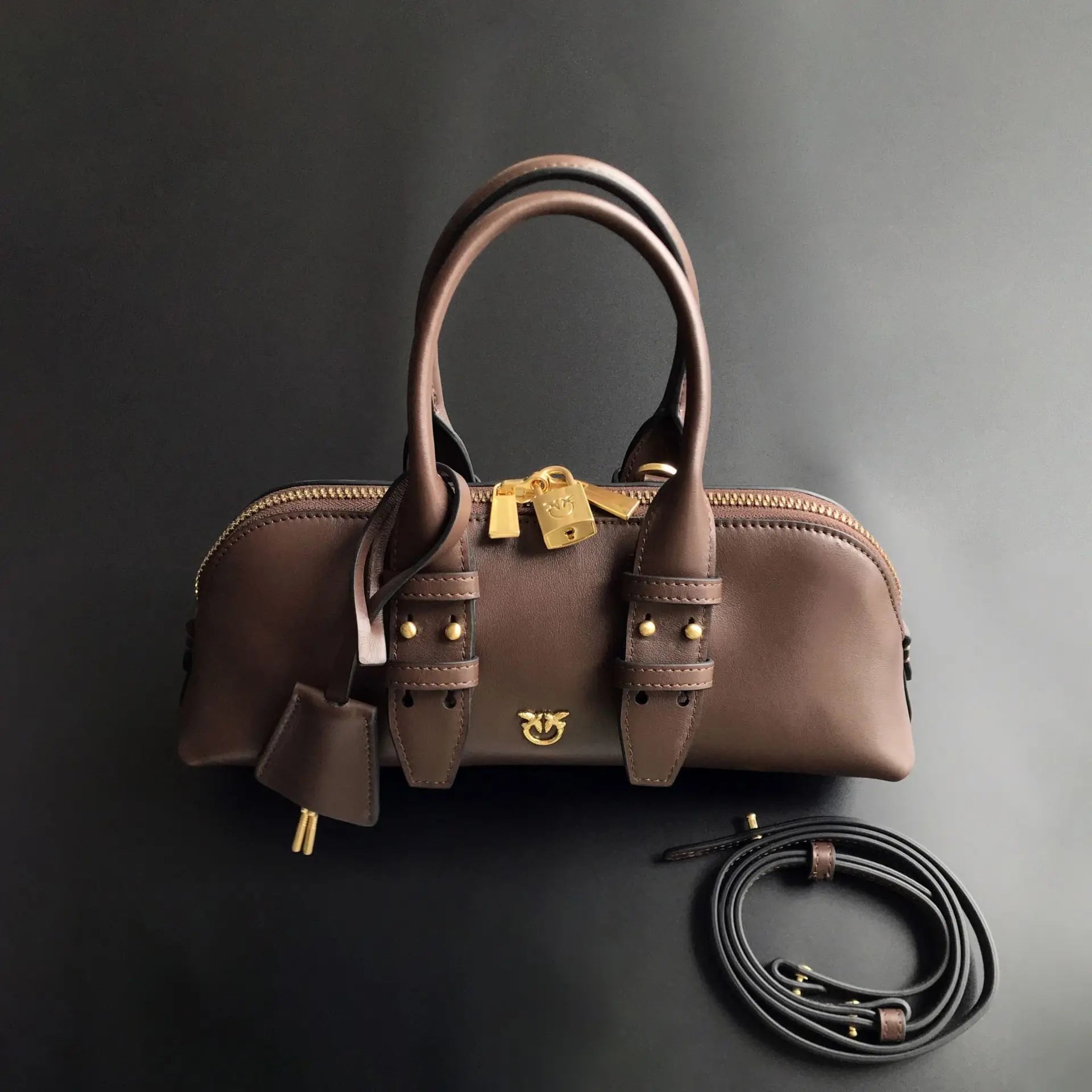 Luxury Pinko-Inspired Leather Swallow Bowling Bag