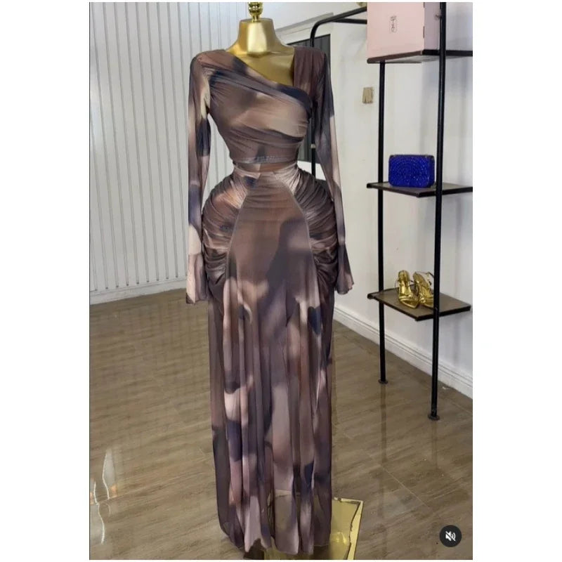 Tie-Dye Skew Neck Flare Sleeve Maxi Dress