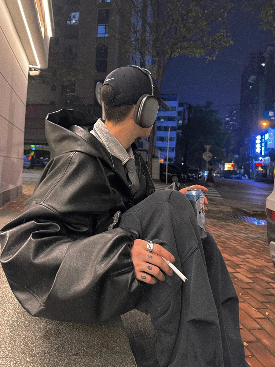 Mauroicardi Oversized Black PU Hooded Jacket