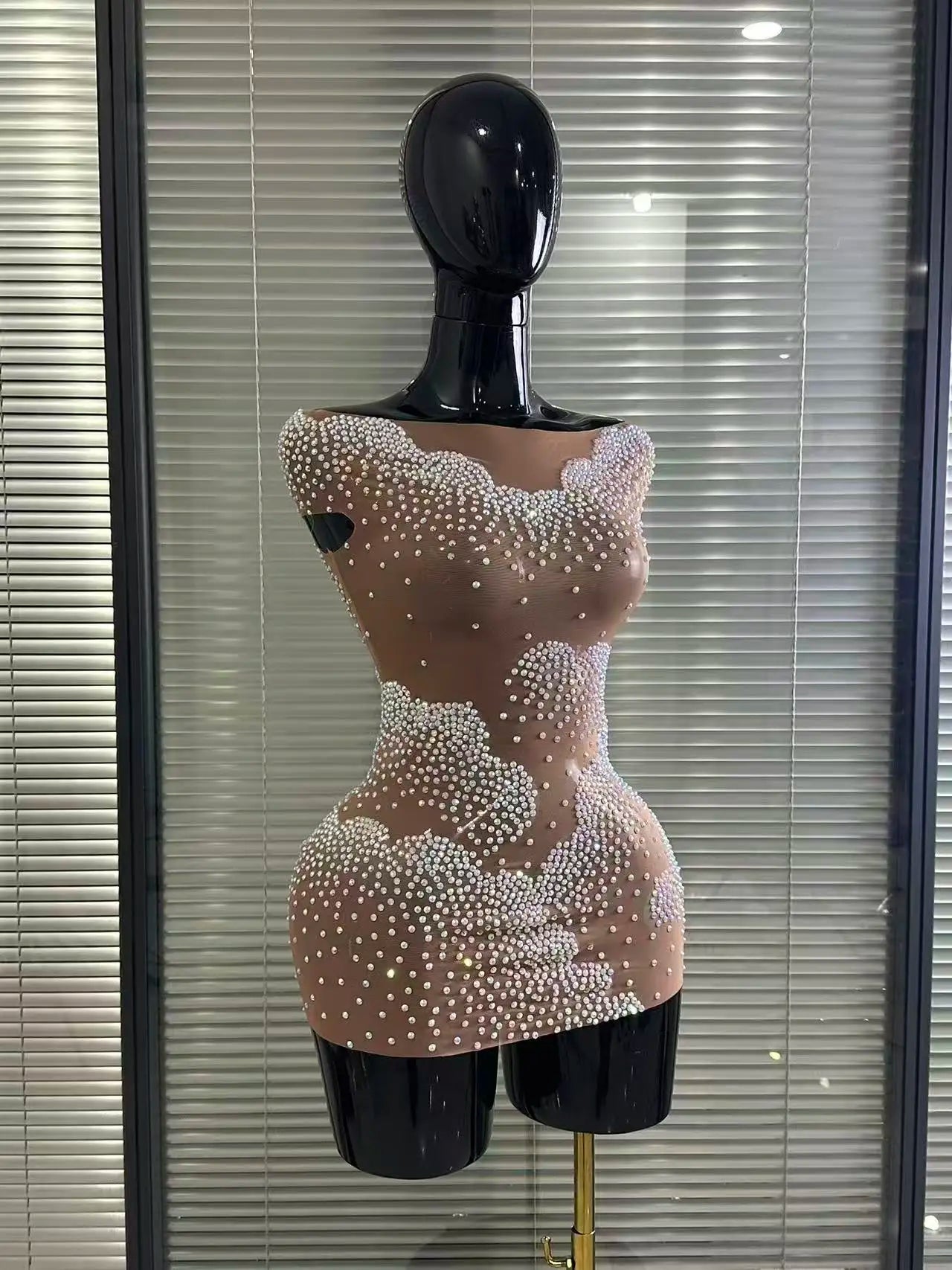 Sparkly Rhinestone Sheer Off-Shoulder Bodycon Mini Dress – Party & Stagewear