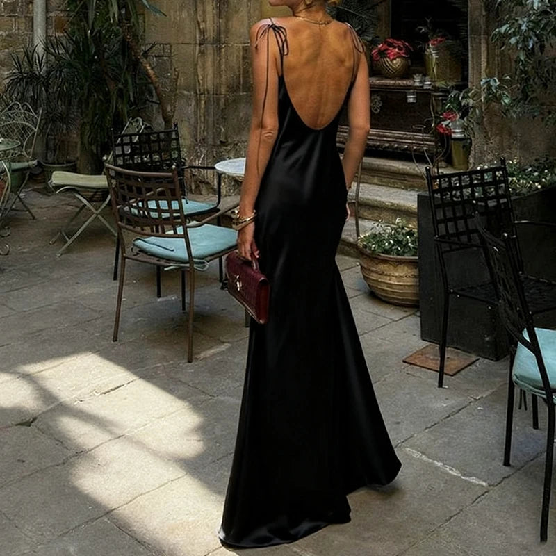 Champagne Satin Backless Evening Gown