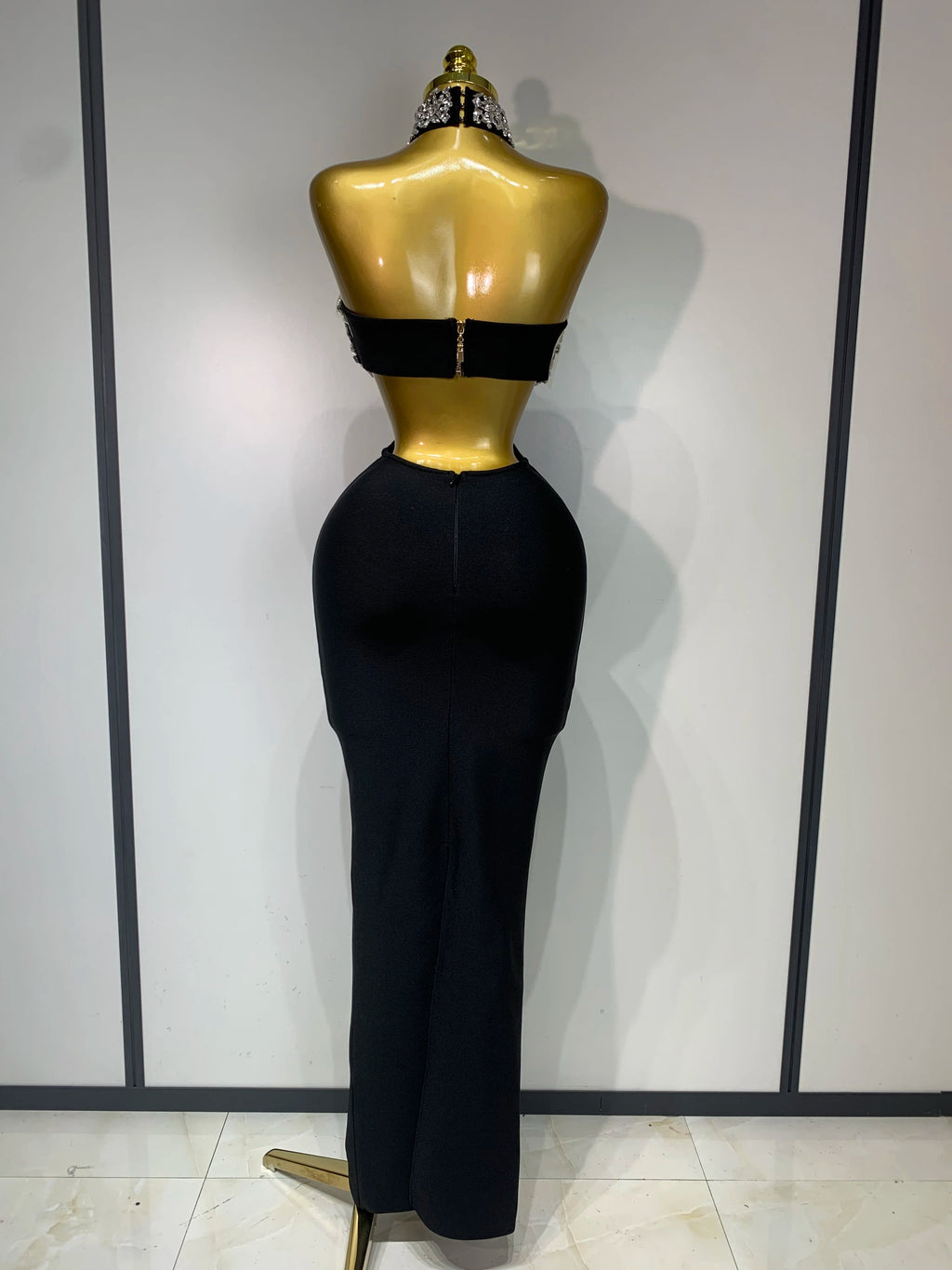 Backless Sparkly Crystal Black Bandage Dress